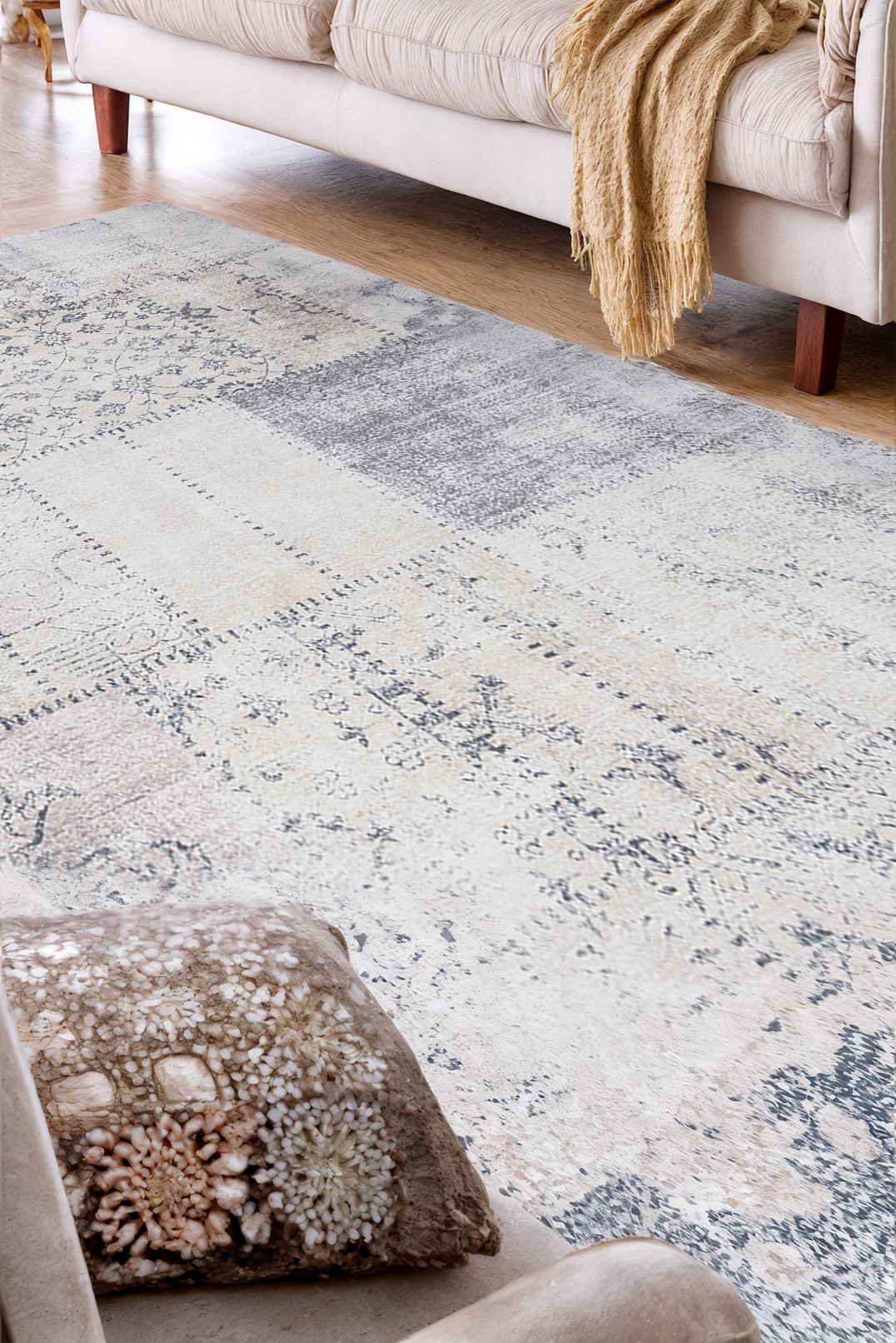 Rug, 150x210 cm, chenille / cotton, beige-brown, Patchwork print, Cave, image-8