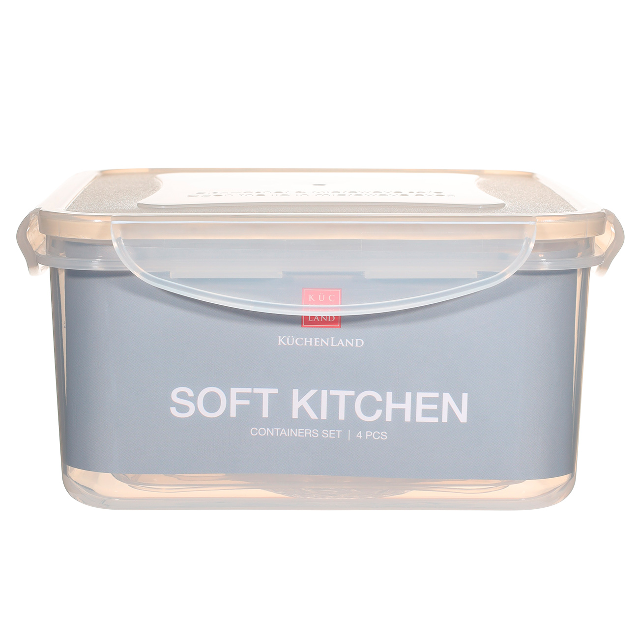 Container set, 4 pcs, with clips, plastic / silicone, Square, Beige, Roomy clip, image-1