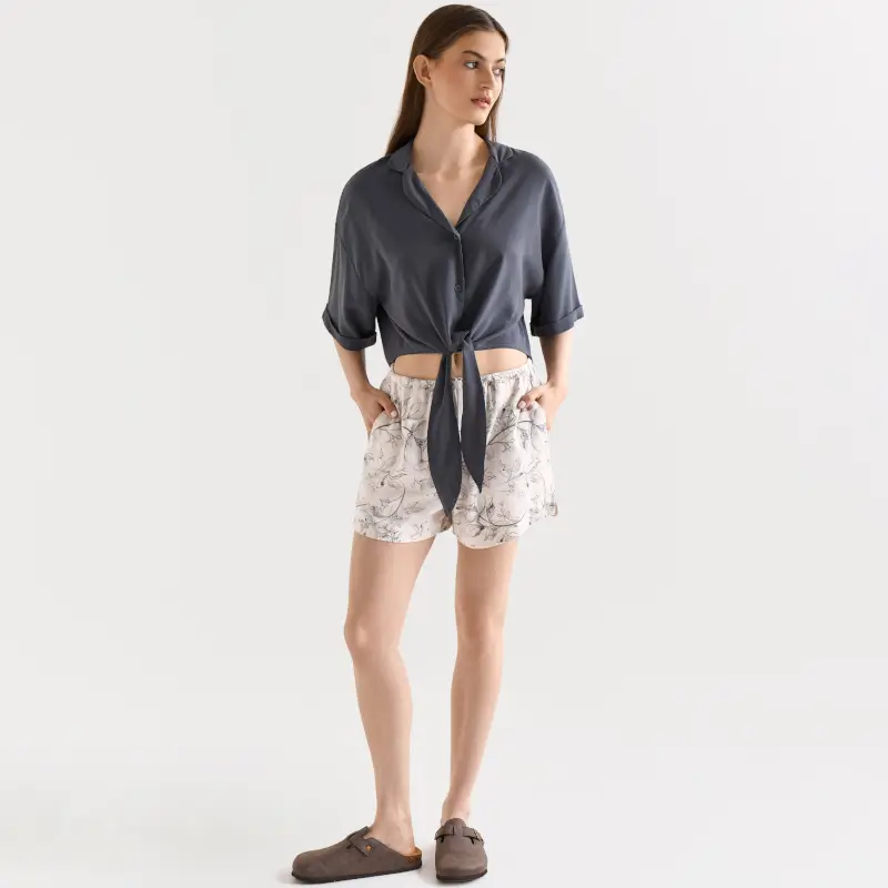 Women's shorts, homewear, size L, viscose, milky, Flowers, Janice ,image-0