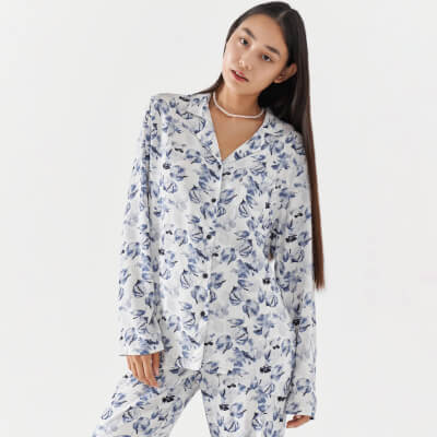 Women's shirt, homewear, size L, with long sleeves, viscose, blue and white, Leaves, Lori ,image-0