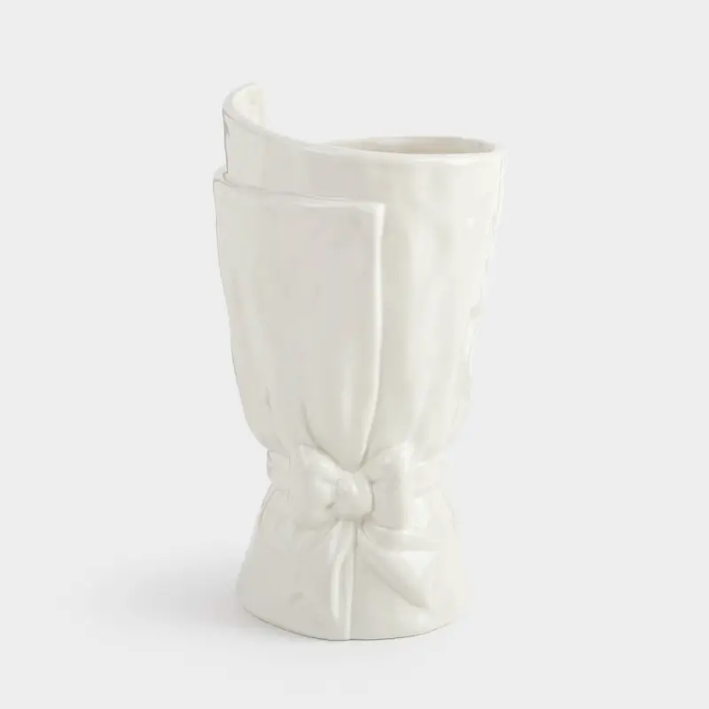 Flower vase, 26 cm, decorative, ceramic, milky, Bouquet with bow, Crumple