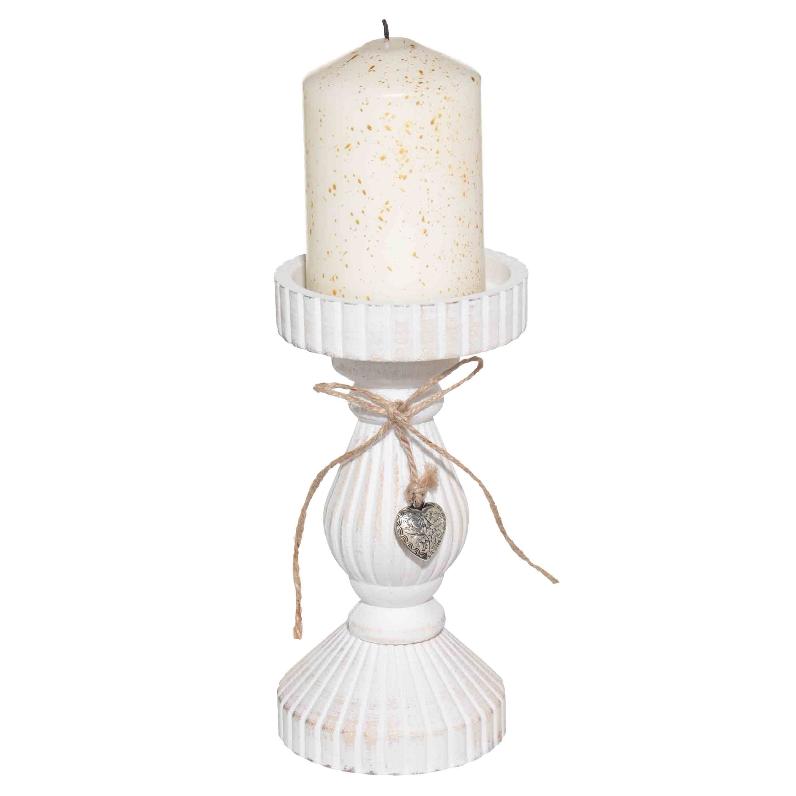 Candle holder, 19 cm, on a leg, wood, white, Ethno