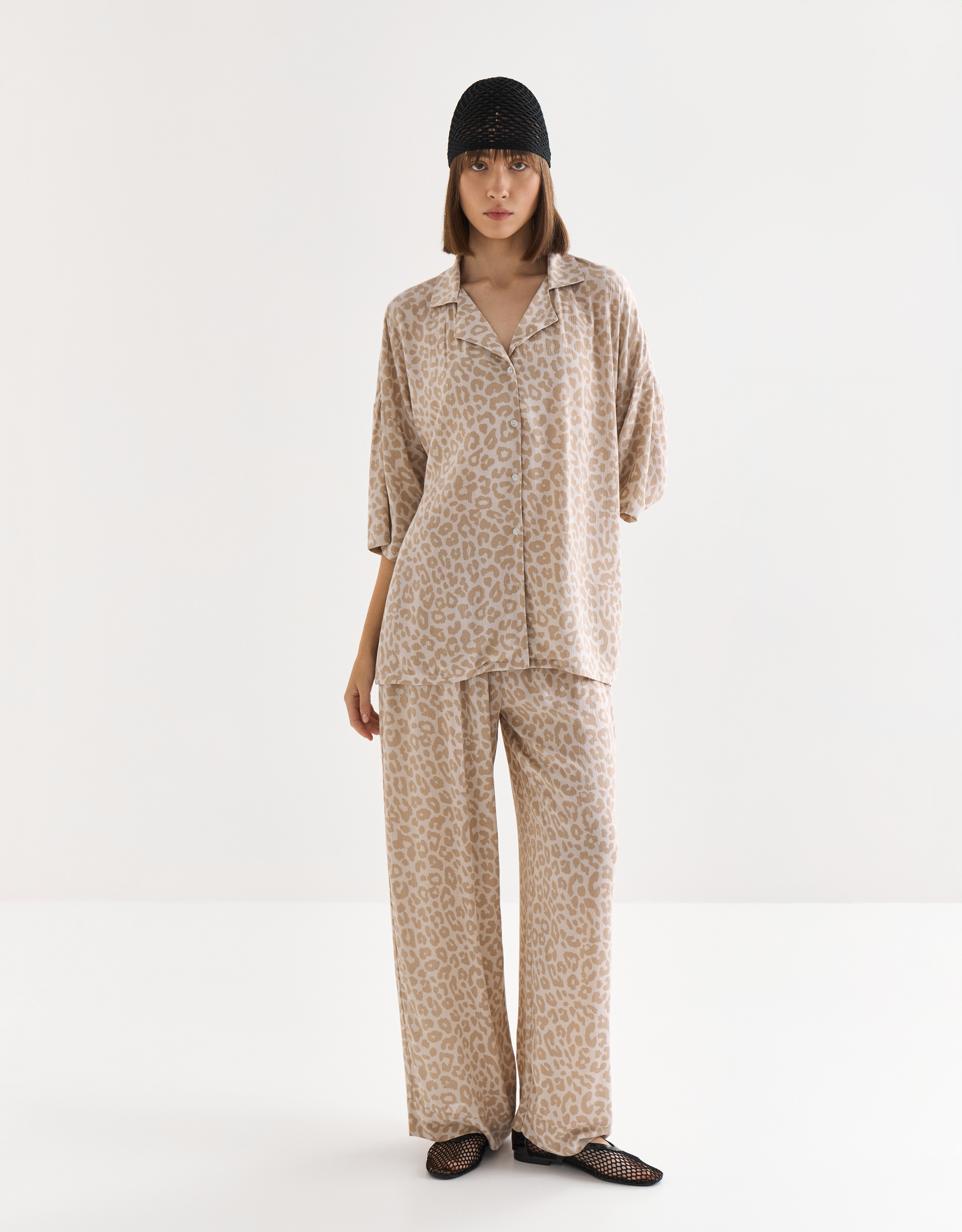 Women's shirt, size S, with short sleeves, viscose, gray-beige, Leopard, Becky, image-1