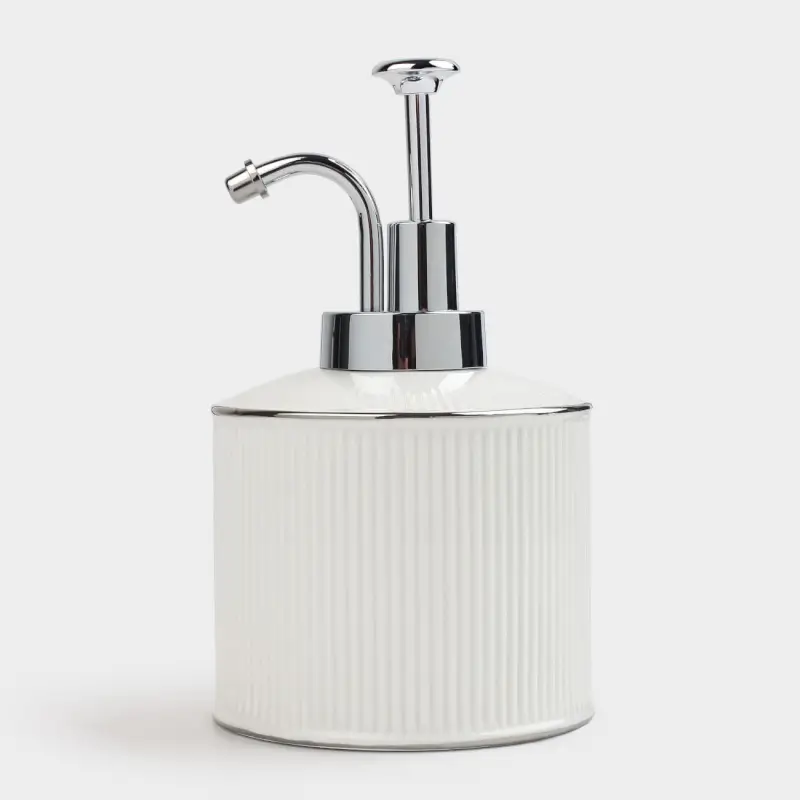 Liquid soap dispenser, 370 ml, ceramic / plastic, white, with silver edging, Kaliopa