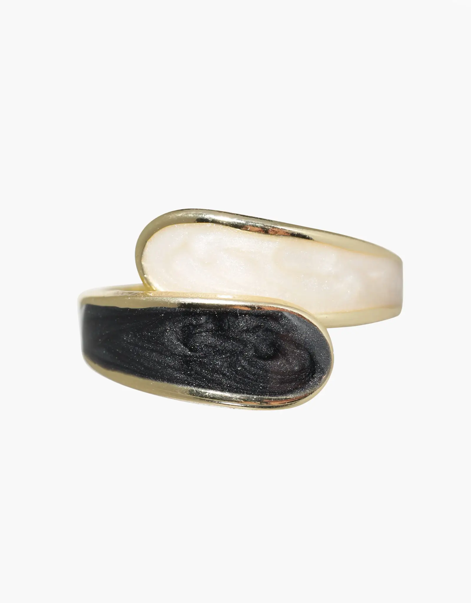 Ring, size S-M, single size, metal / acrylic, black and beige, Jewelry