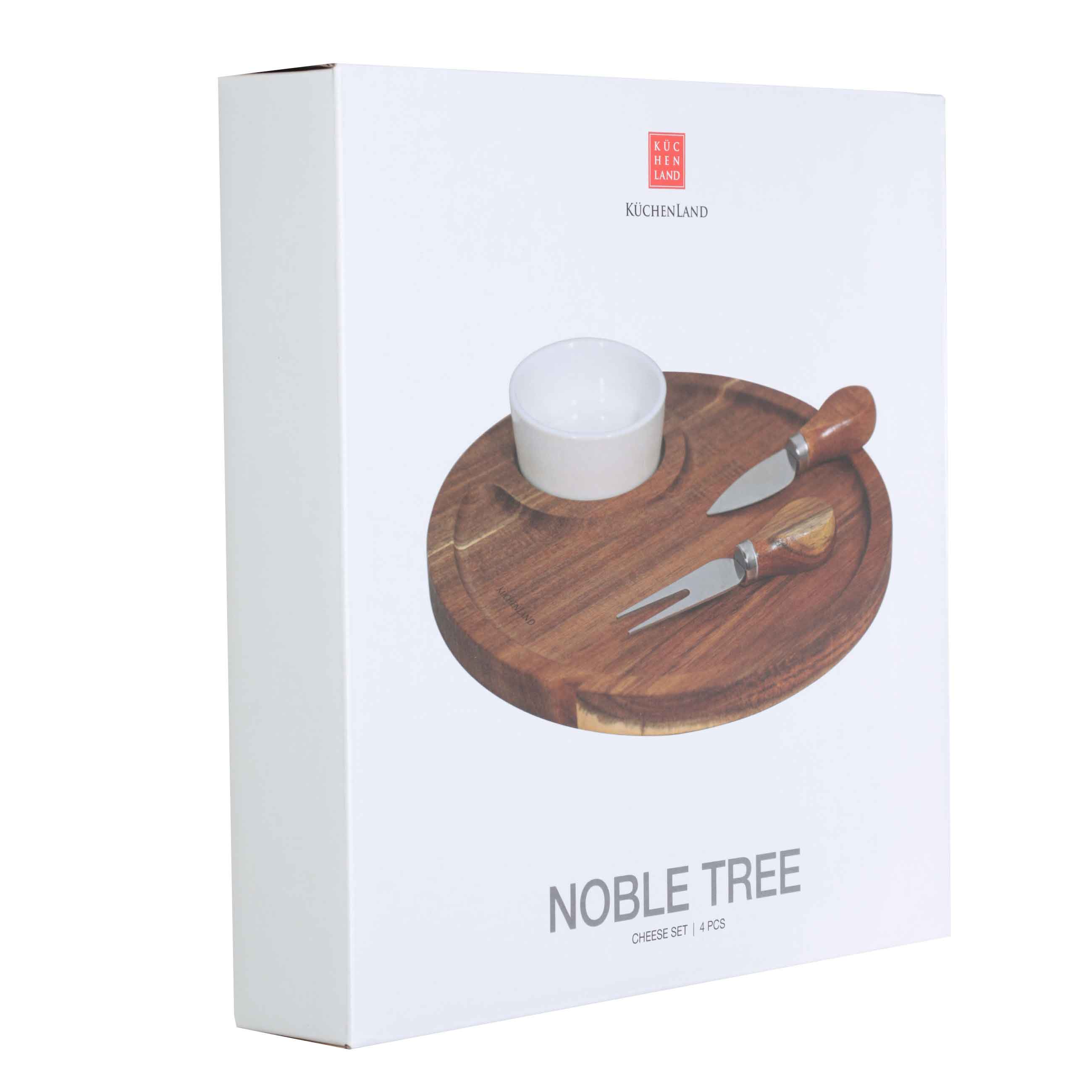 Cheese set, 4 pcs, dish board/bowl, steel / ceramic / wood, Circle, Noble tree