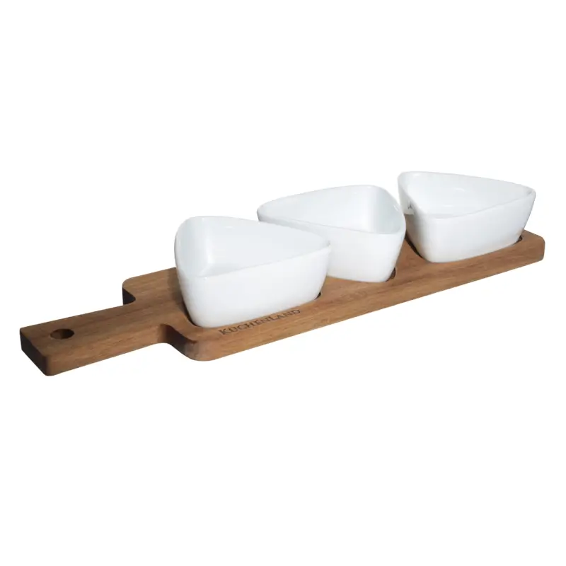 Snack set, 3 items, on a stand, ceramic / wood, white, Triangles, Noble tree ,image-0