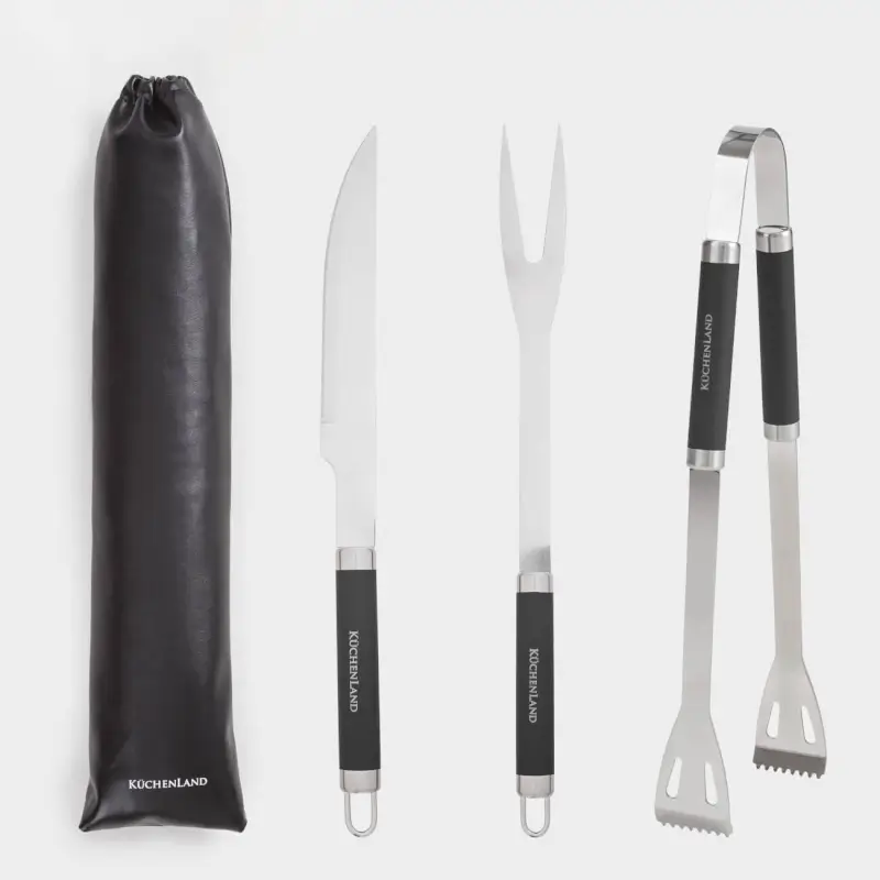 BBQ set, 3 items, in leather case, steel / plastic / eco-leather, BBQ