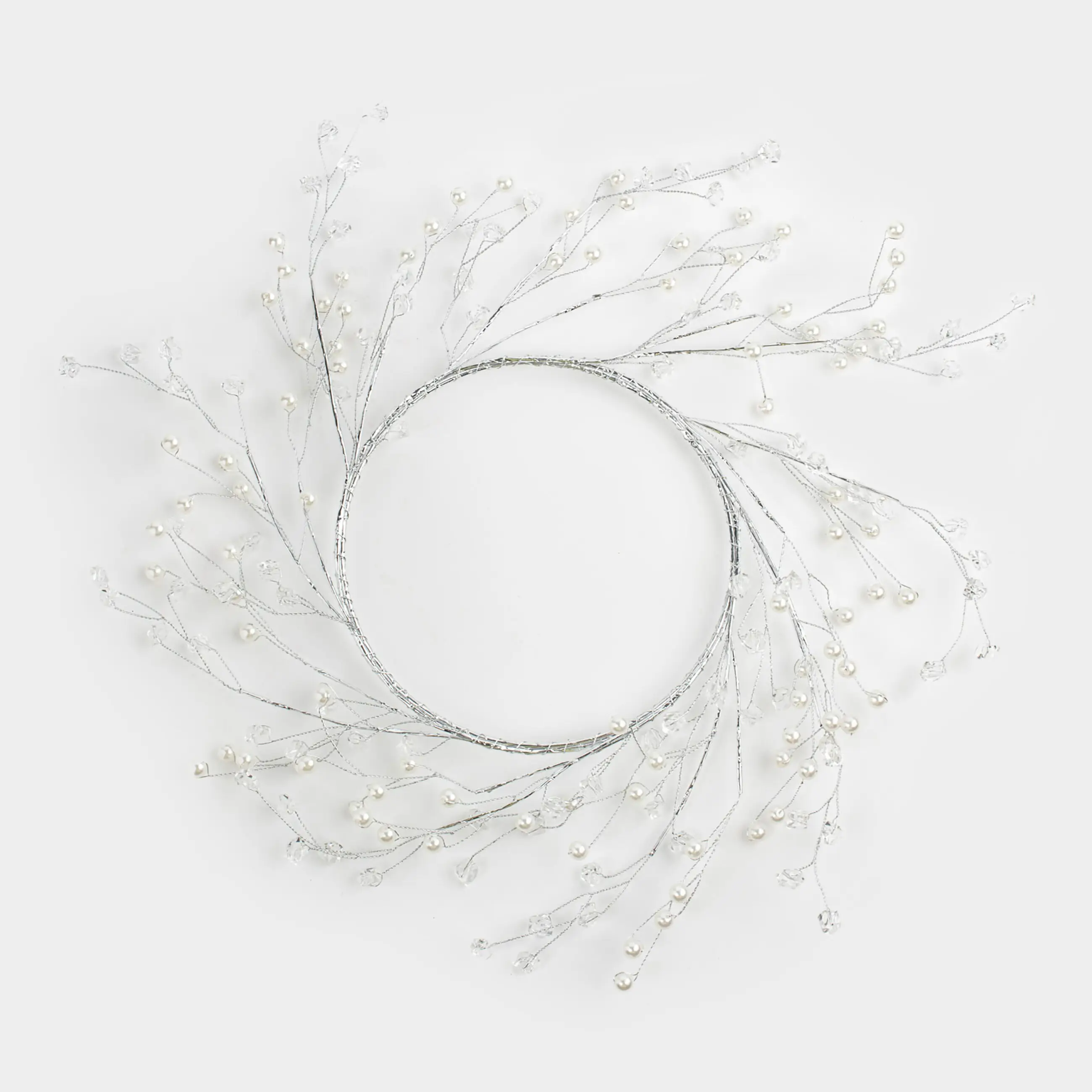 Decorative wreath, 15/30 cm, plastic / metal, Silver crystals with beads, Balls decor
