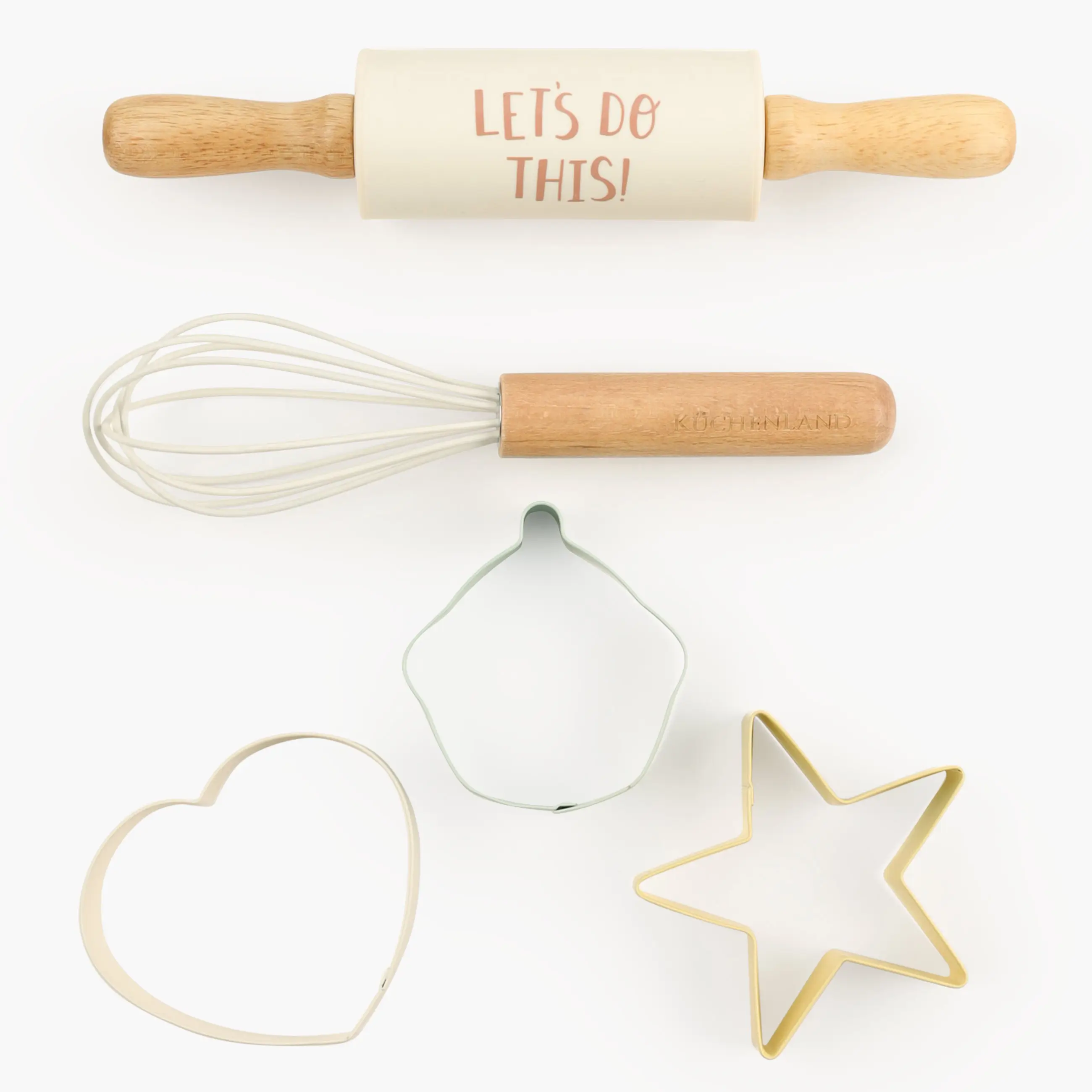 Baking set, 5 items, Rolling pin/whisk /molds, silicone / steel / wood, Shapes, Bakery