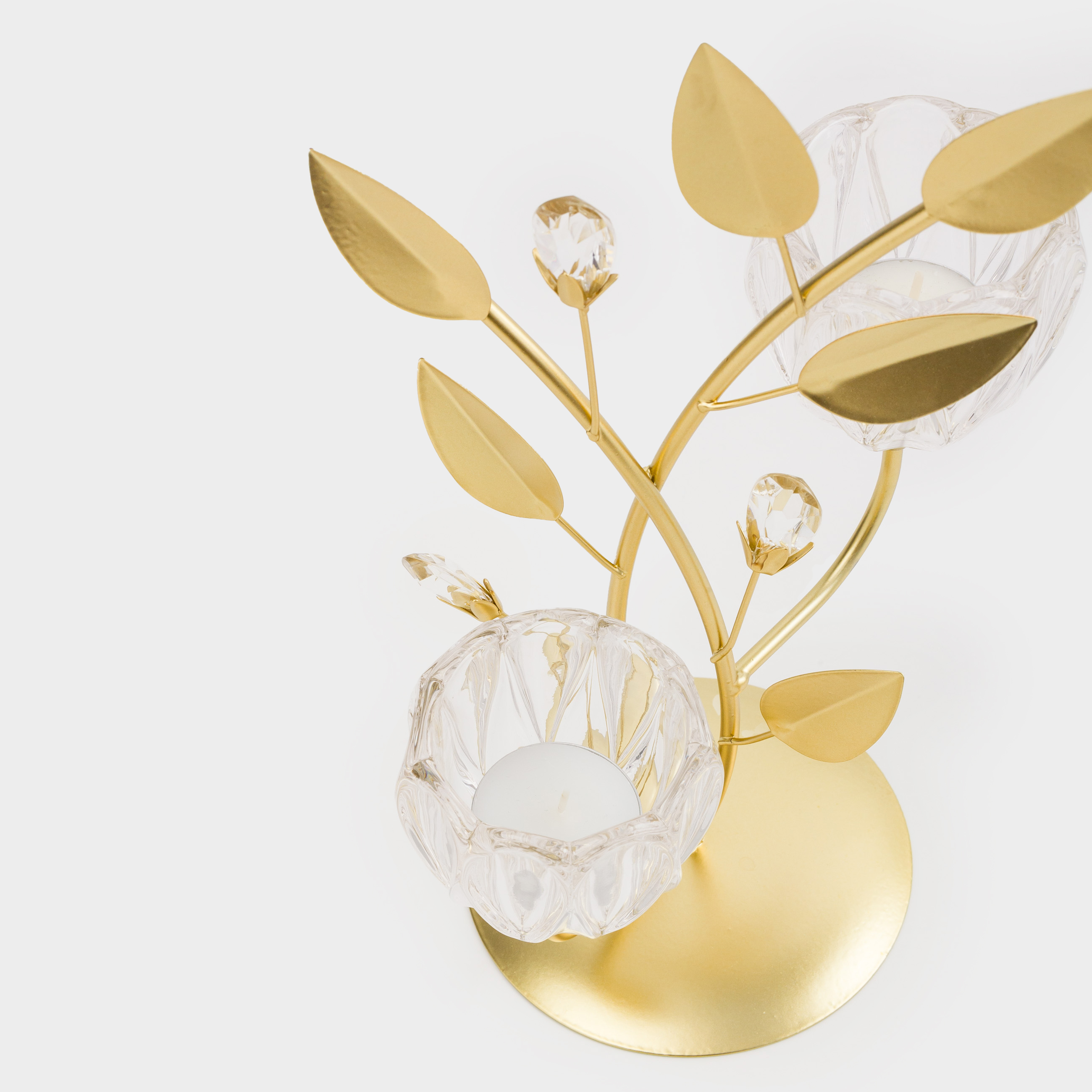 Candlestick, 29 cm, 2 tea candles, glass / metal, golden, Fantastic flowers