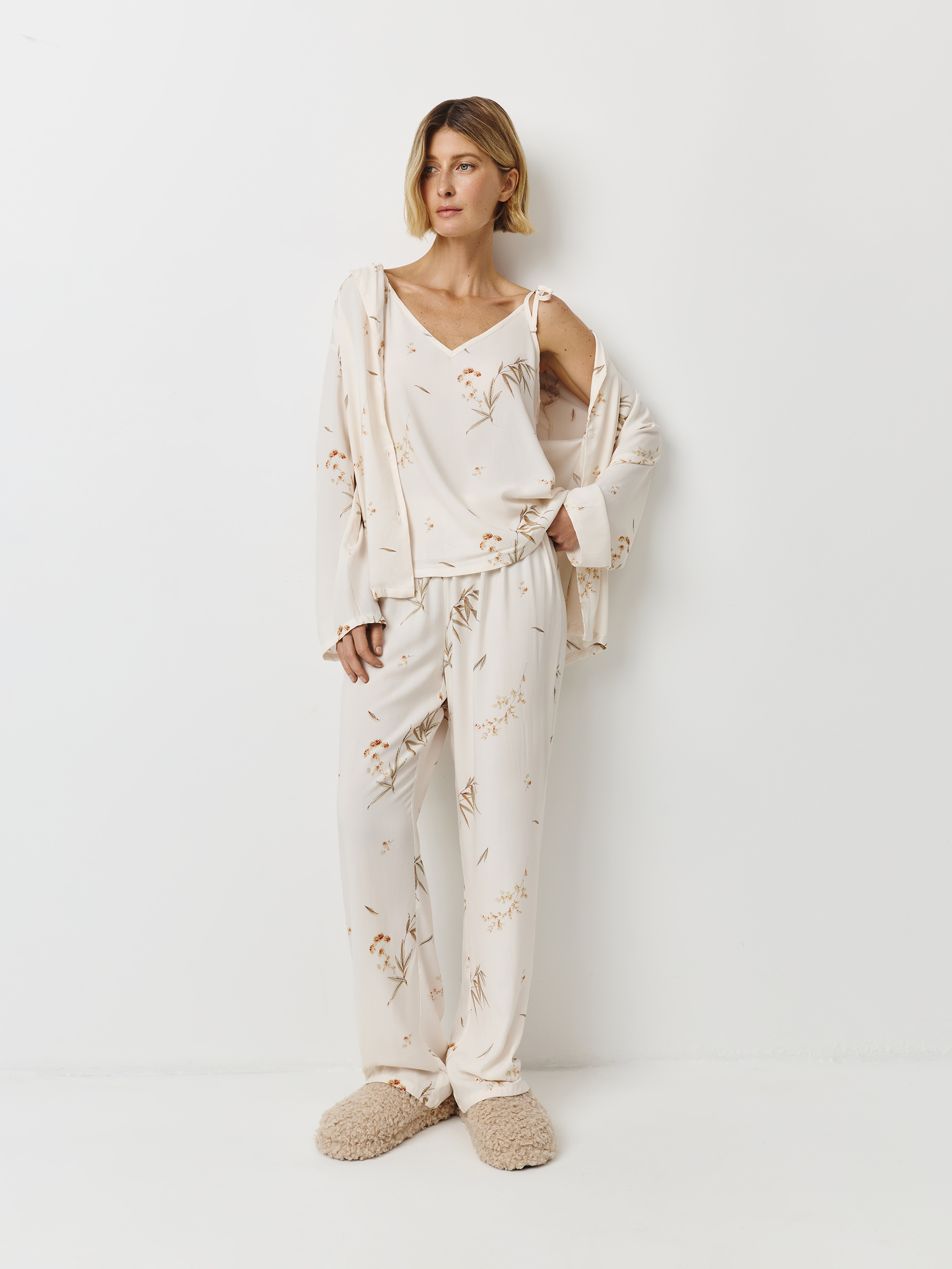 Women's top, homewear, size S, straps, viscose, milky, Flowers, Norla, image-1