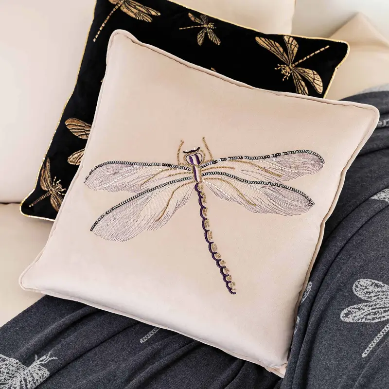 Decorative pillow, 45x45, corduroy / beads, beige, Dragonfly, Dragonfly ,image-0