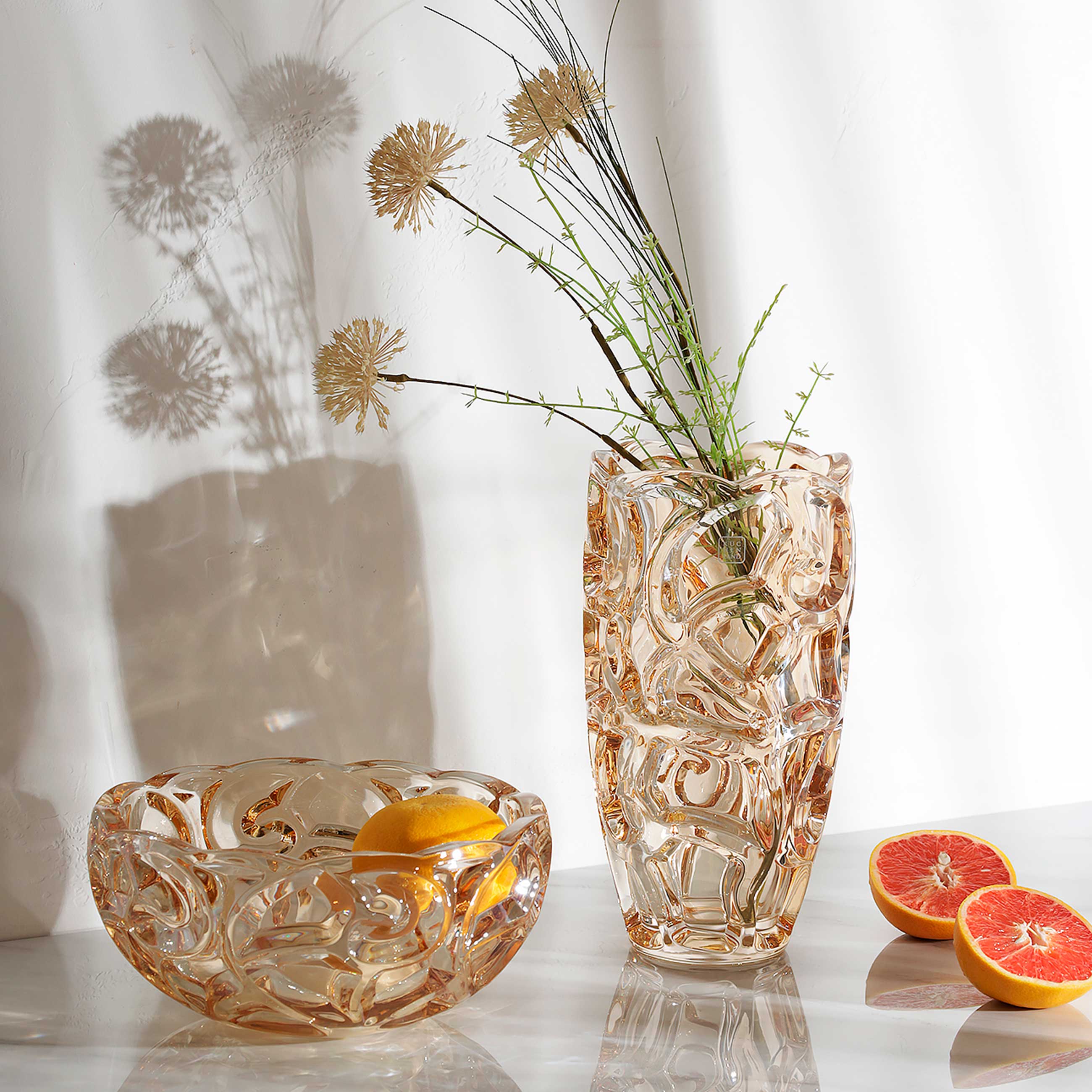Flower vase, 29 cm, glass R, amber, Patterns, Gala