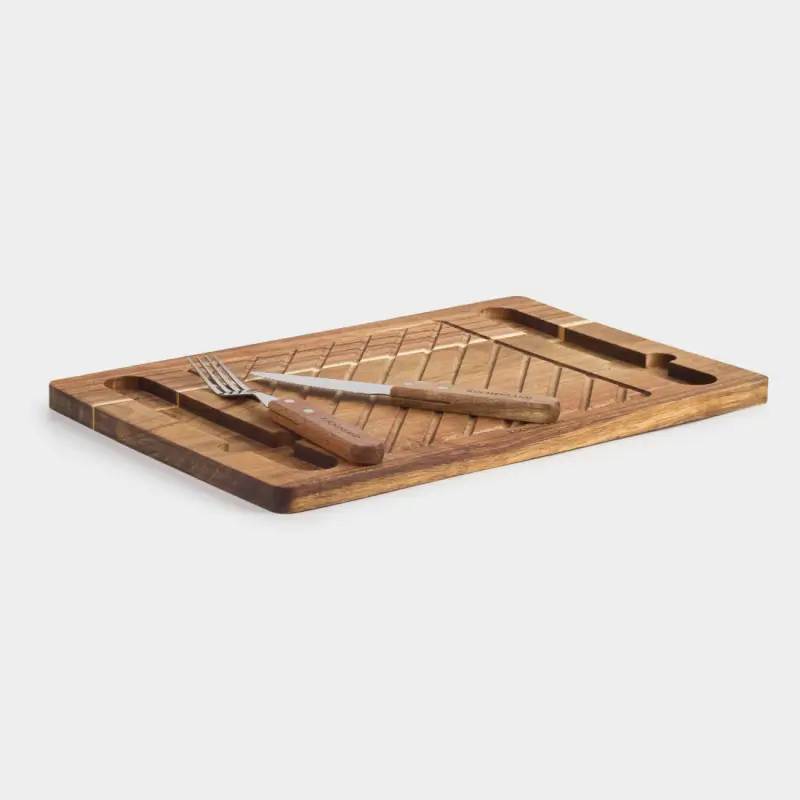 Steak serving set, 1 person, 3 items, wood / steel, BBQ