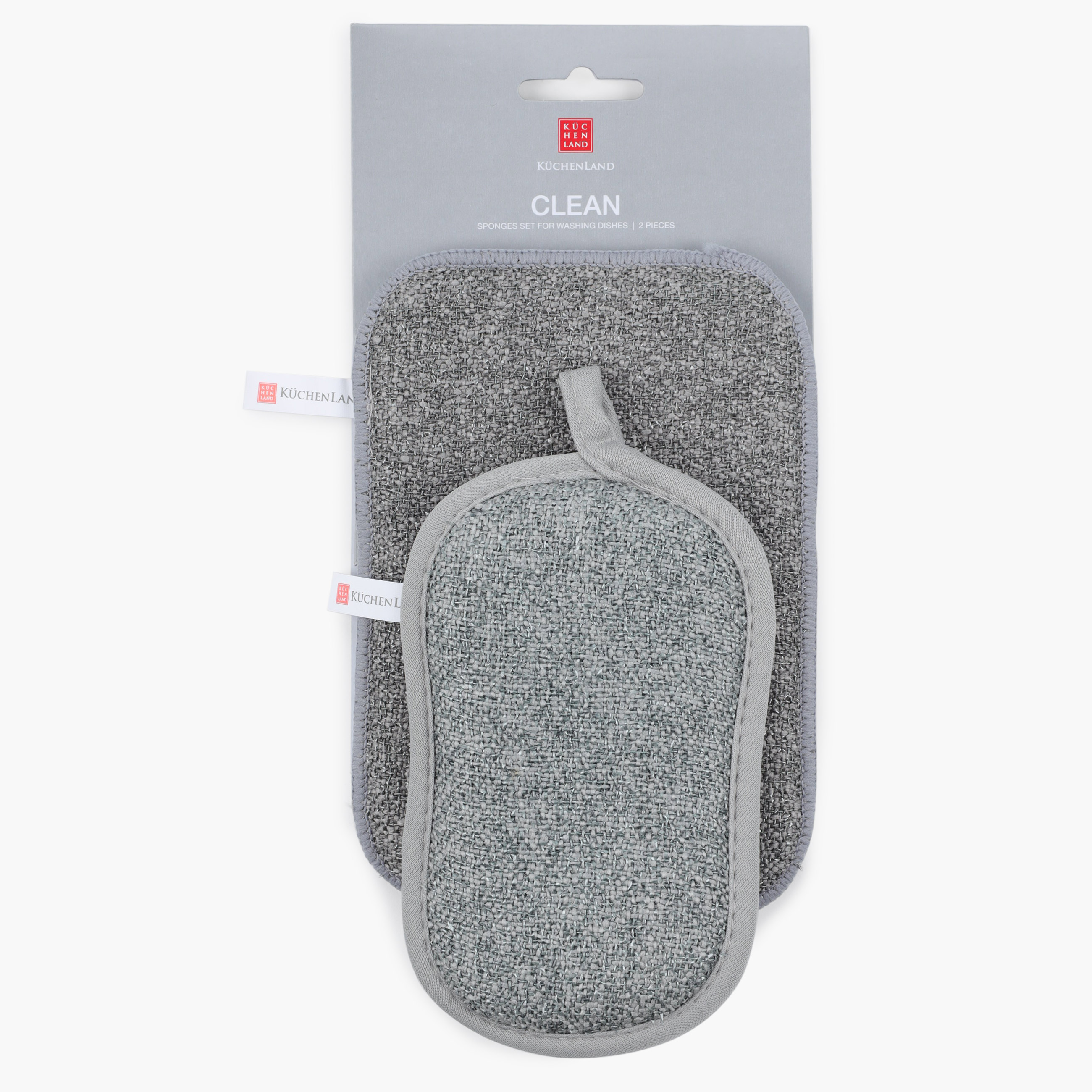 Dish washing sponge set, 15/16 cm, 2 pcs, double-sided, microfiber / polyurethane, grey, Clean