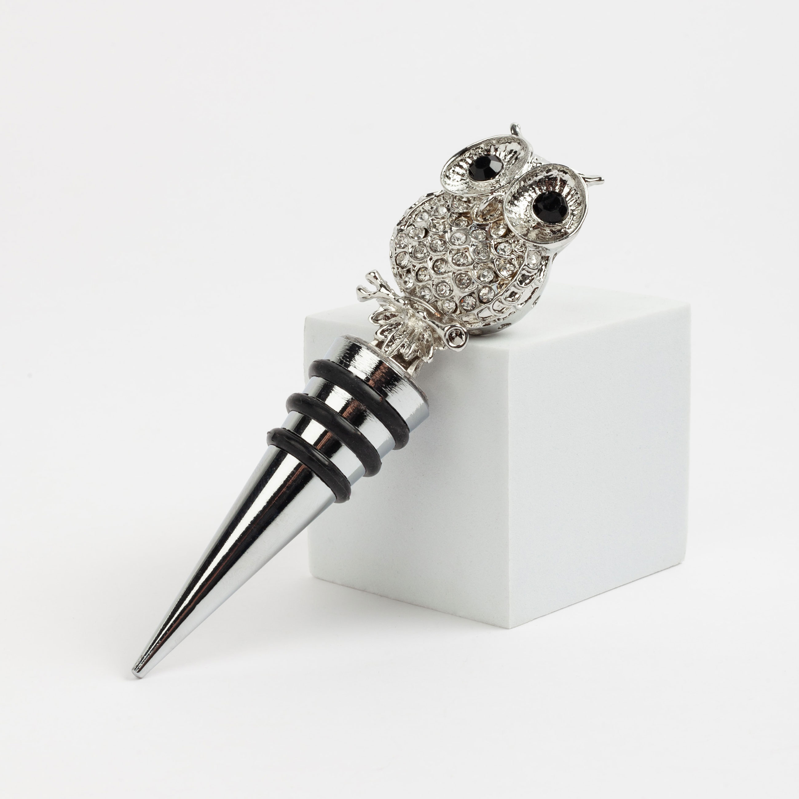 Wine bottle stopper, 11 cm, metal/rhinestones, silver, Owl, Birds, image-1