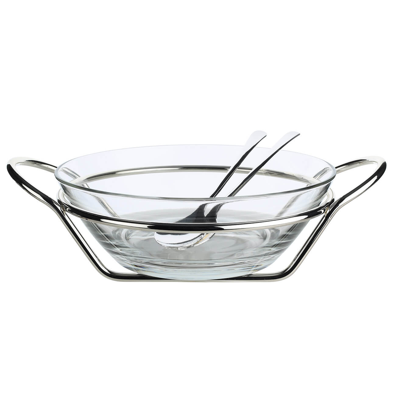 Salad bowl, 35x27cm, 2 l, 3 items, with spoon / fork, on a stand, glass / metal, Fantastic
