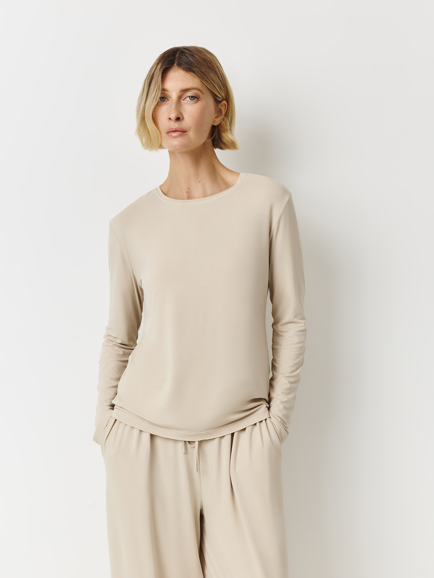 Women's long sleeve, homewear, size S, bamboo/spandex, sand, Zerita, image-0