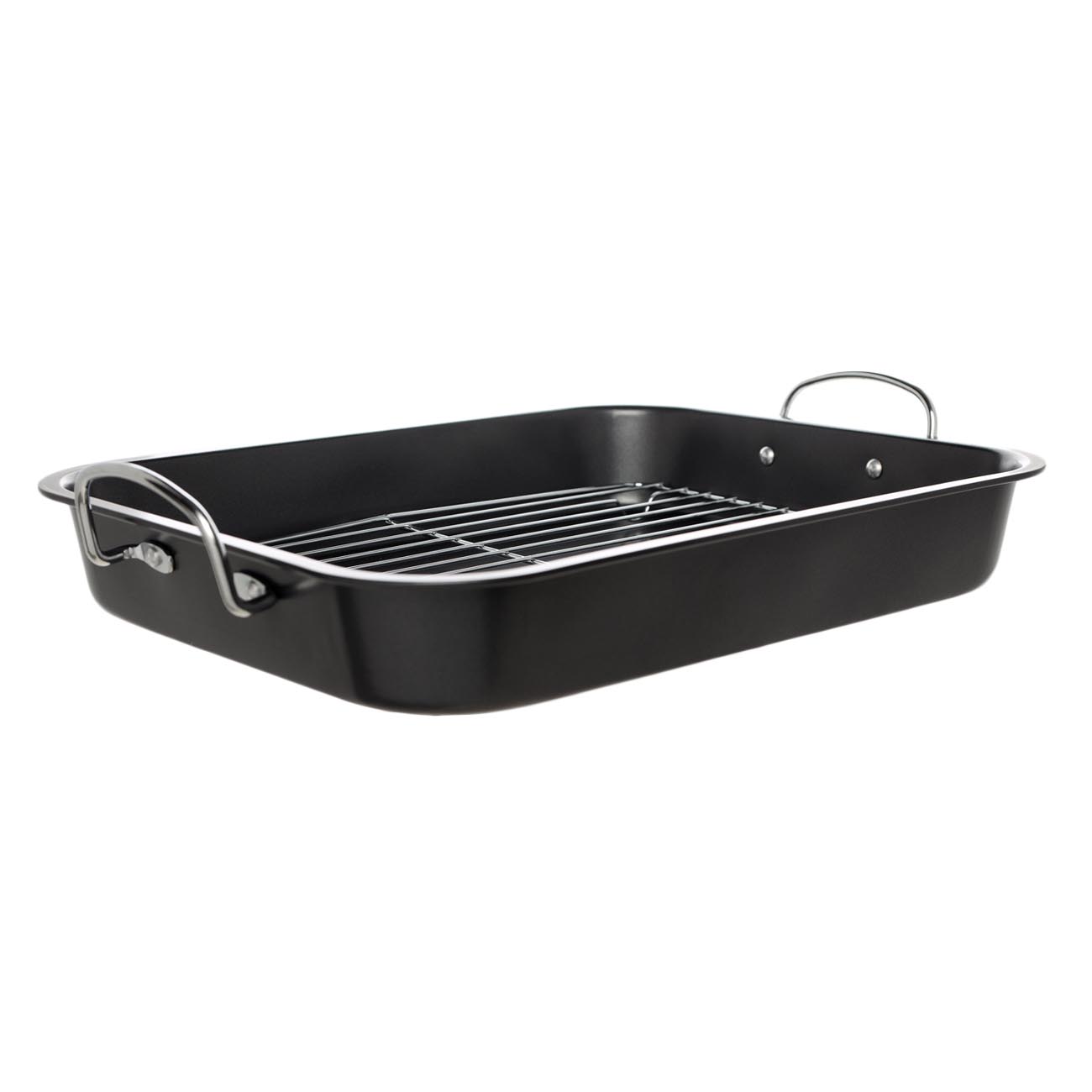 Baking tray, 37x29 cm, with handles and grill, coated, steel, black, BBQ