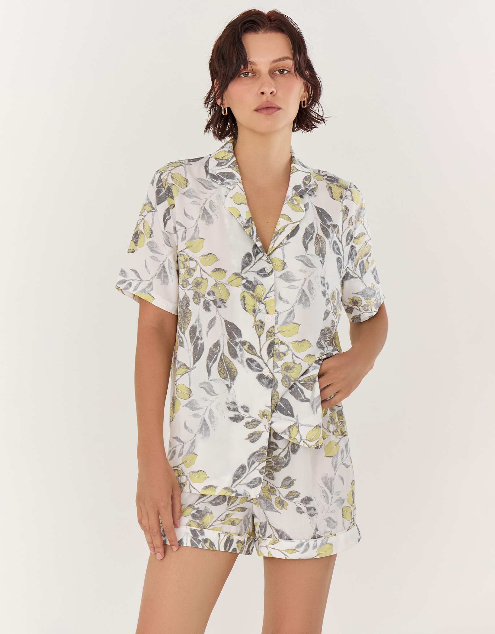 Women's shirt, homewear, size M, with short sleeves, viscose, white and yellow, Leaves, Leksi, image-1