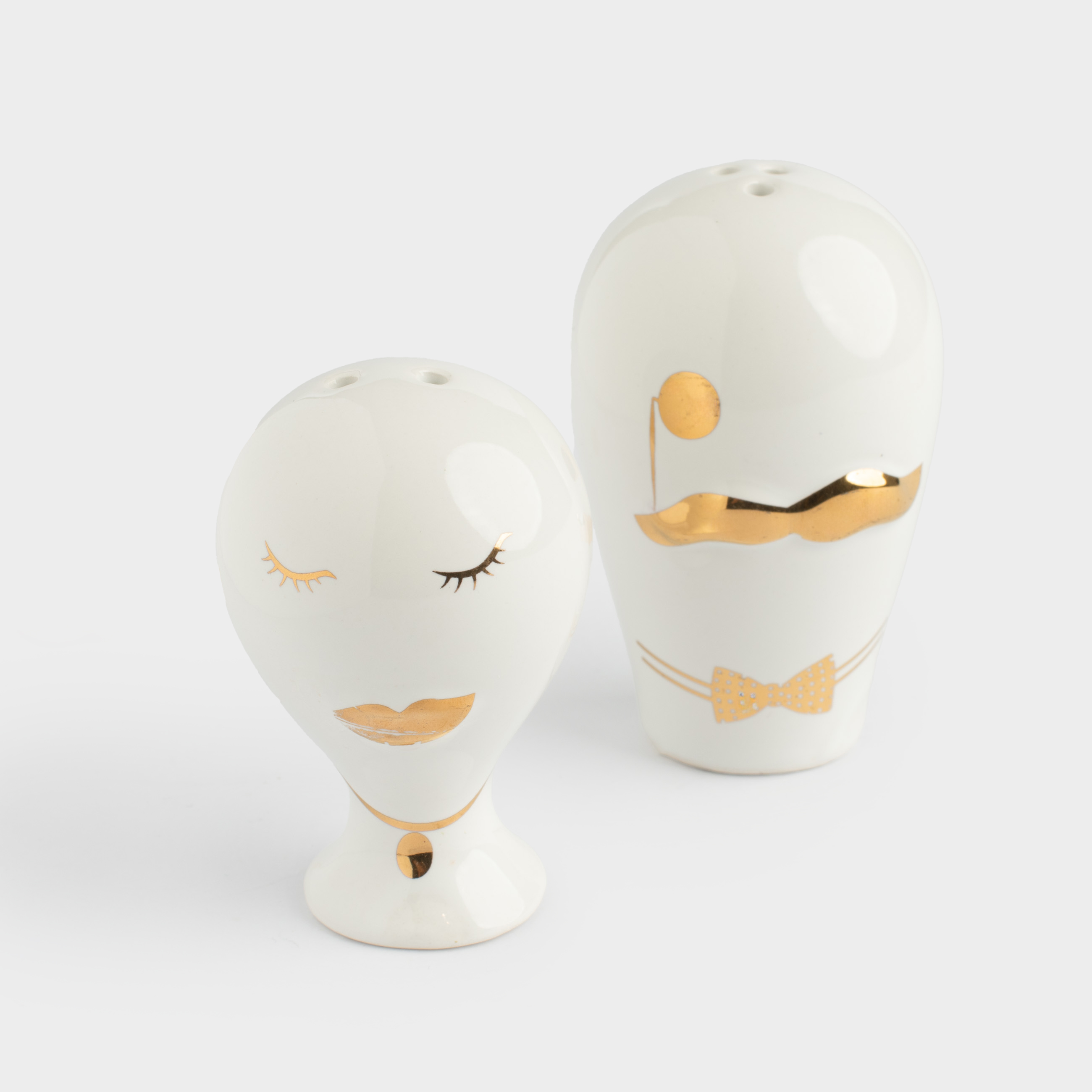 Salt and pepper set, 8 cm, ceramic, white and gold, Cavalier and Lady, He&She, image-1