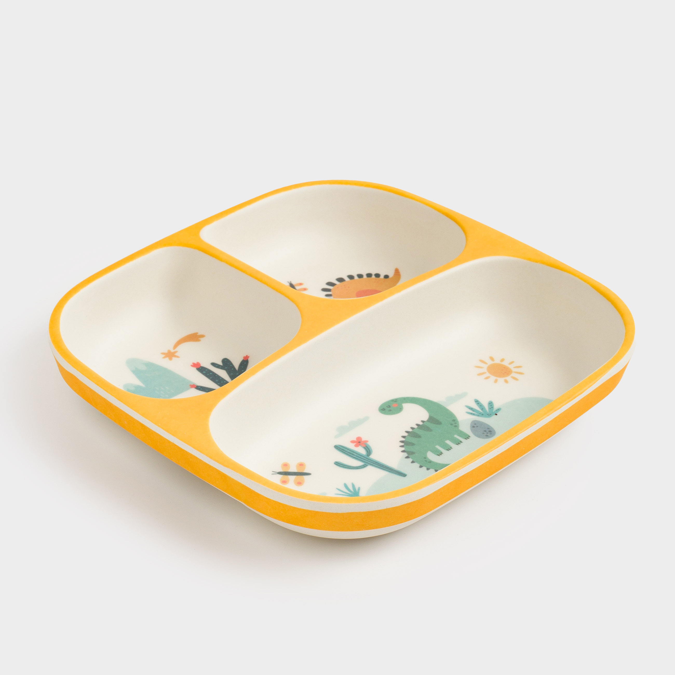 Dining plate, children's, 18 cm, 3 otd, bamboo, square, yellow, Dinosaurs, Dino, image-3