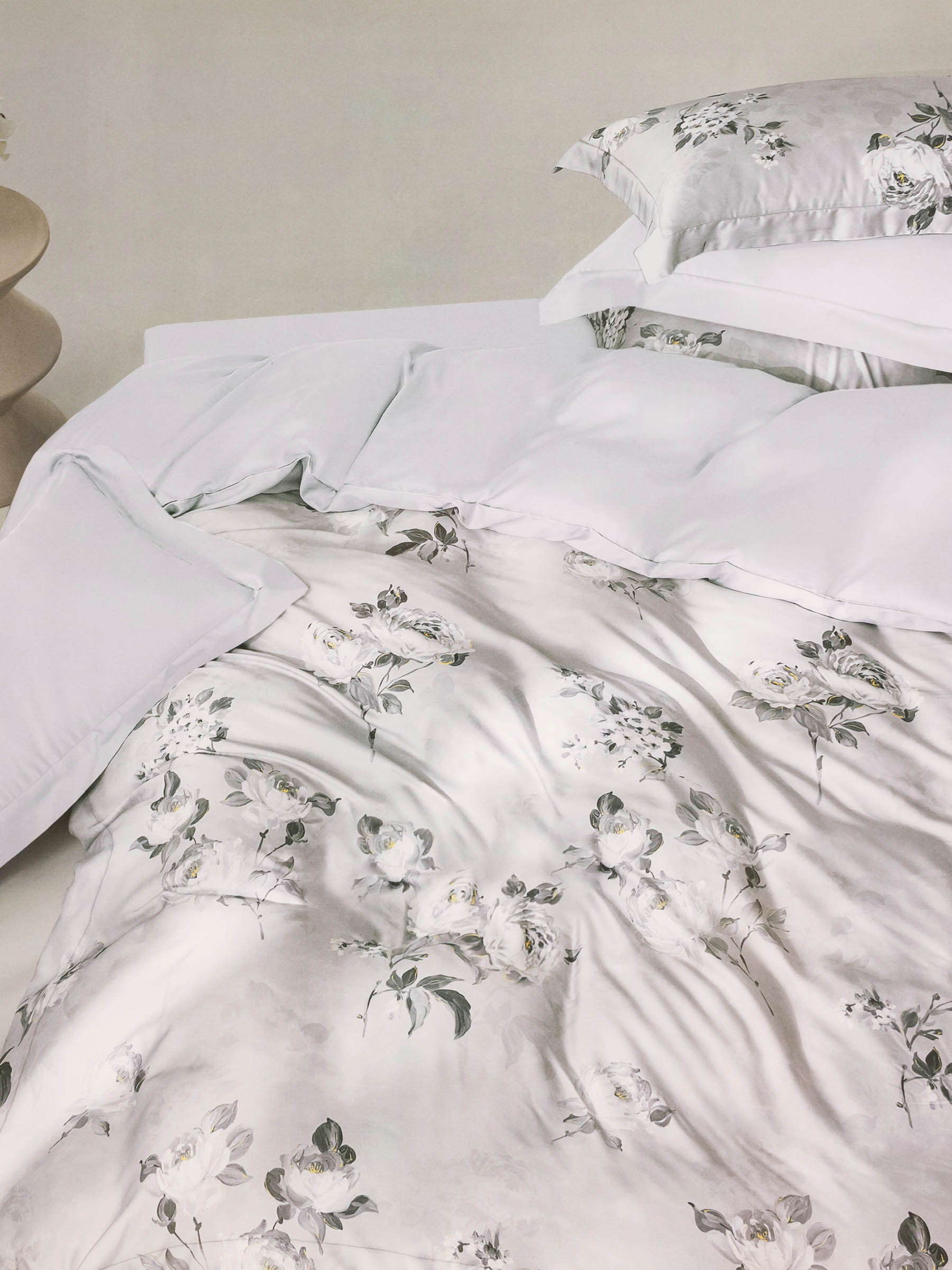 Bed linen set, euro, Tencel 300 TC, light grey, Flowers, Tencel, image-0