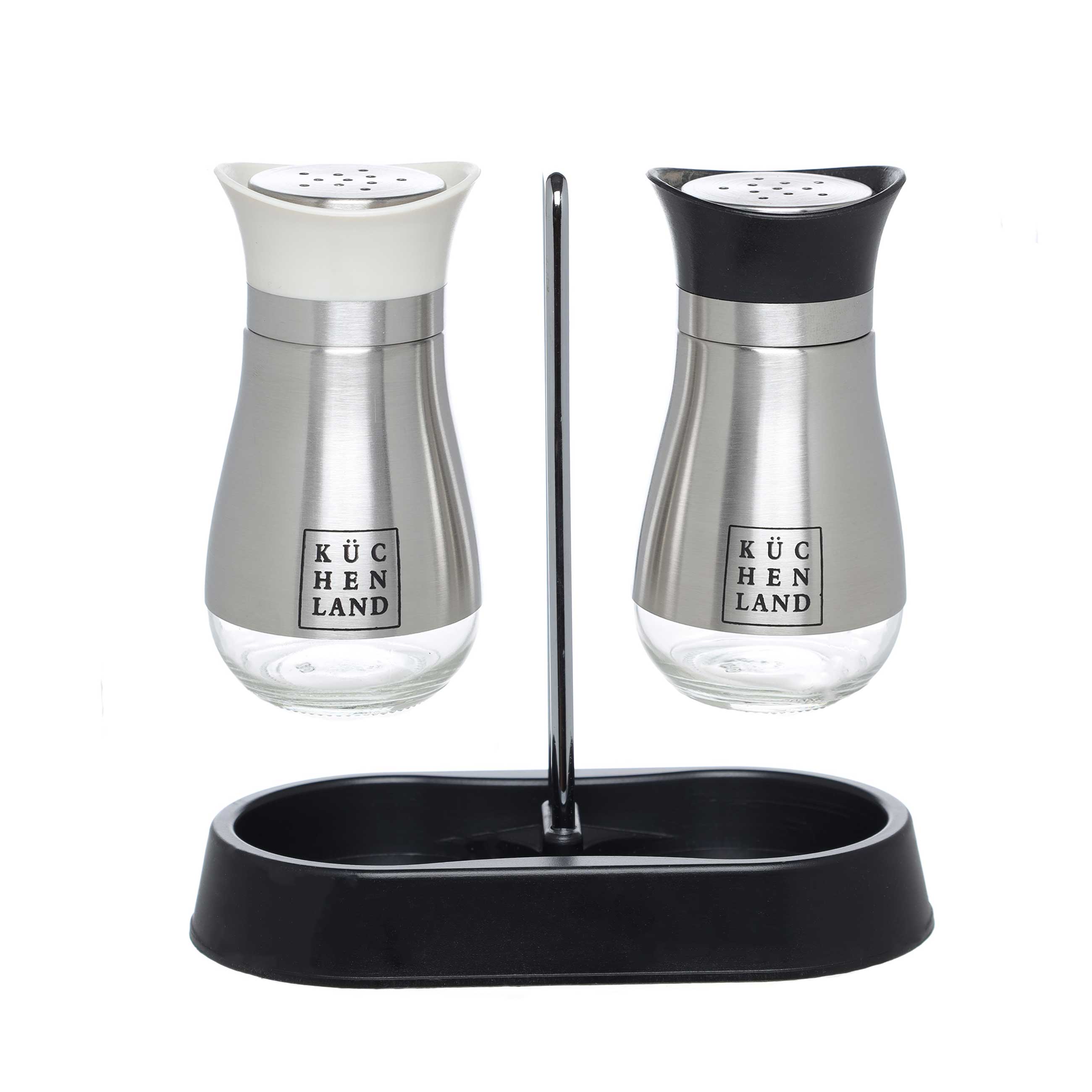 Salt and pepper set, 16 cm, on stand, steel / glass, black / beige, Classic