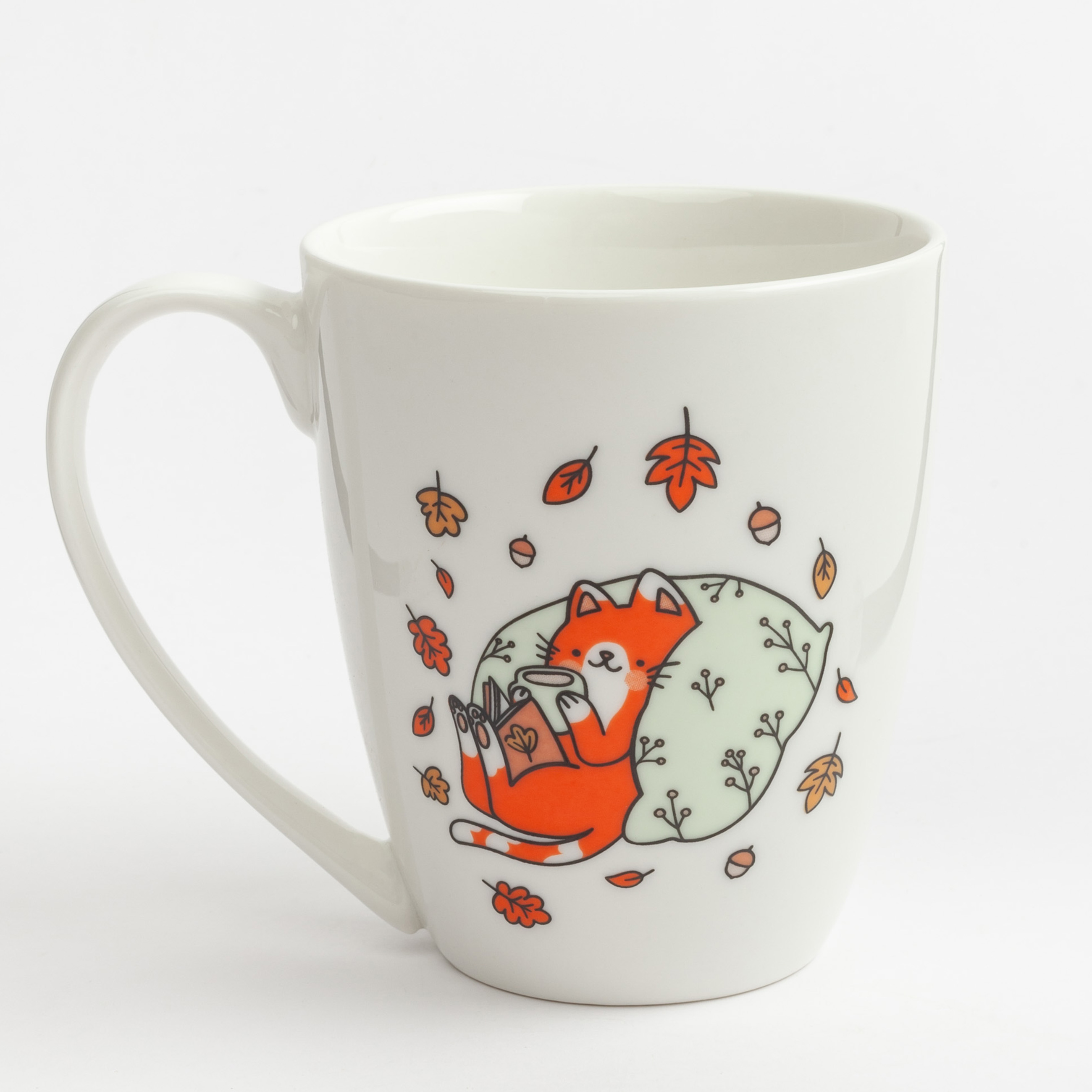 Mug, 320 ml, porcelain N, white, Cat on a pillow, Forest animals