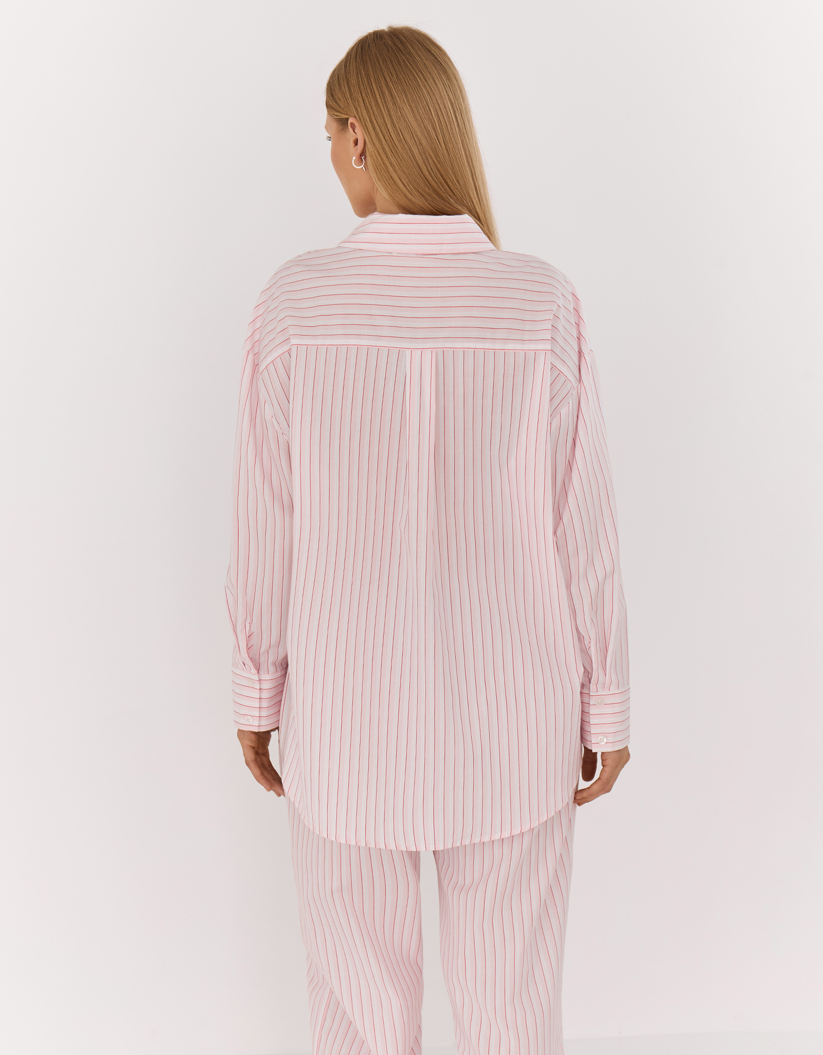 Women's shirt, homewear, size L, with long sleeves, cotton, pink and white, Stripe, Sheria, image-5