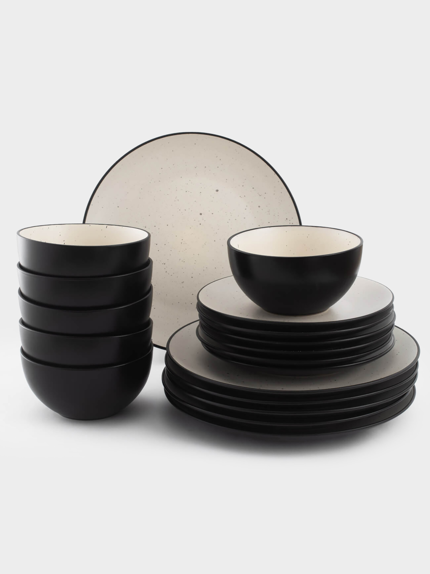 Dinner set, 6 persons, 18 ave, ceramics, black and white, speckled, Isernia, image-1