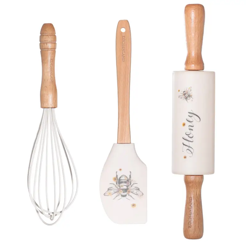 Baking set, 3 items, spatula /whisk/Rolling pin, silicone / wood, beige, Bumblebee, Honey ,image-0