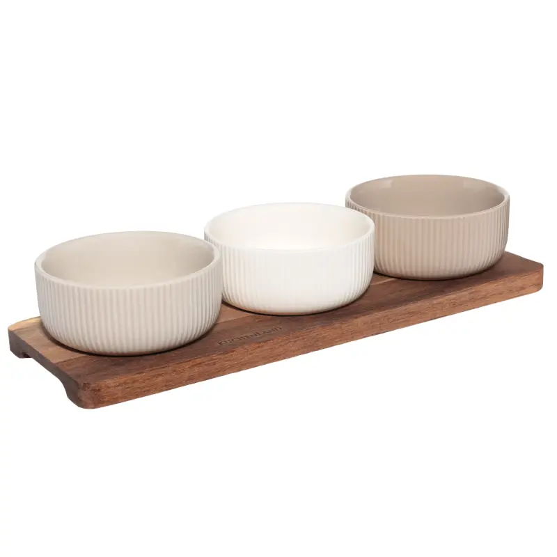 Snack set, 3 pcs, on a stand, ceramic / wood, mix, Ribbed bowls, Noble tree ,image-0