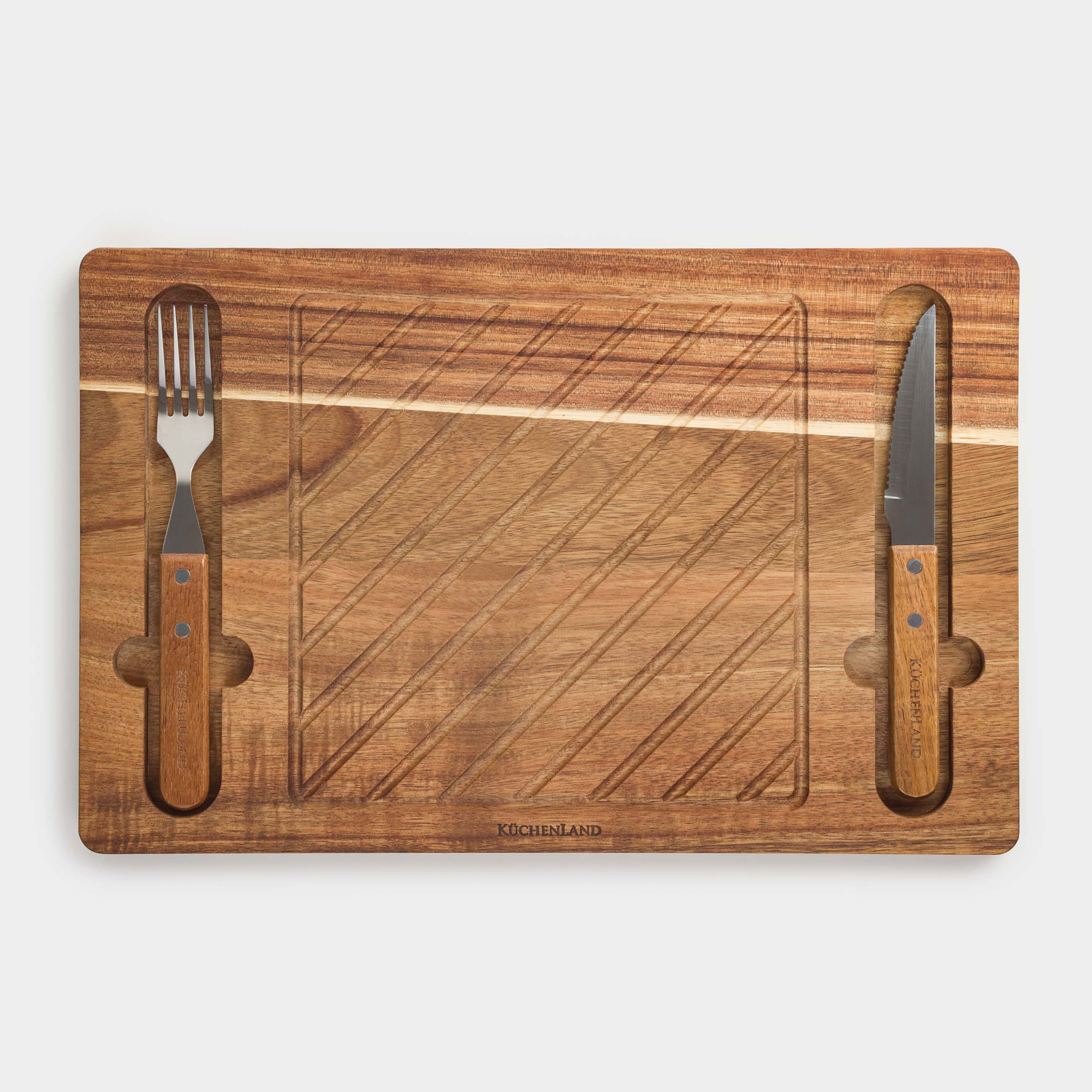 Steak serving set, 1 person, 3 items, wood / steel, BBQ