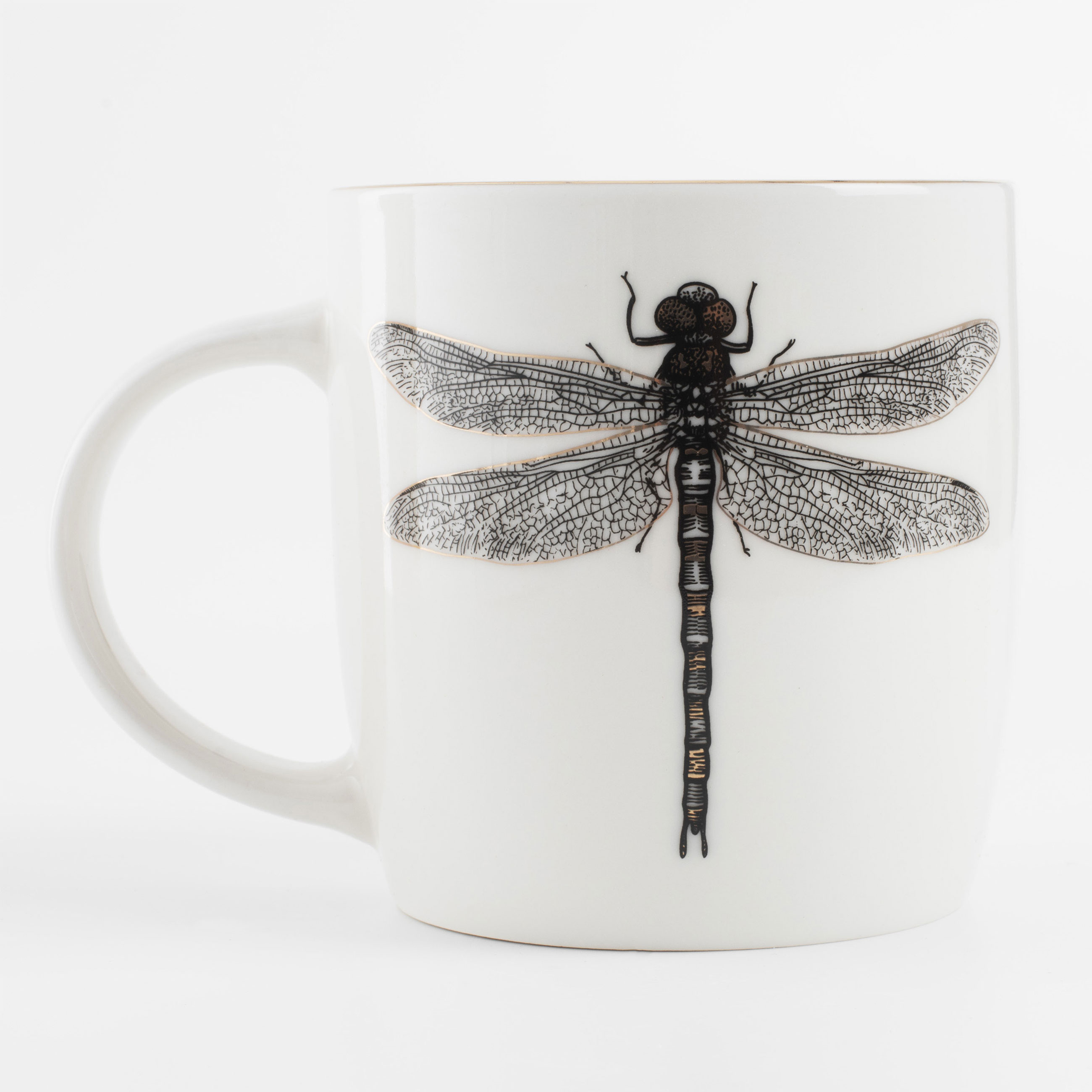 Mug, 380 ml, porcelain N, white, with golden edging, Dragonfly, Bugs, image-2