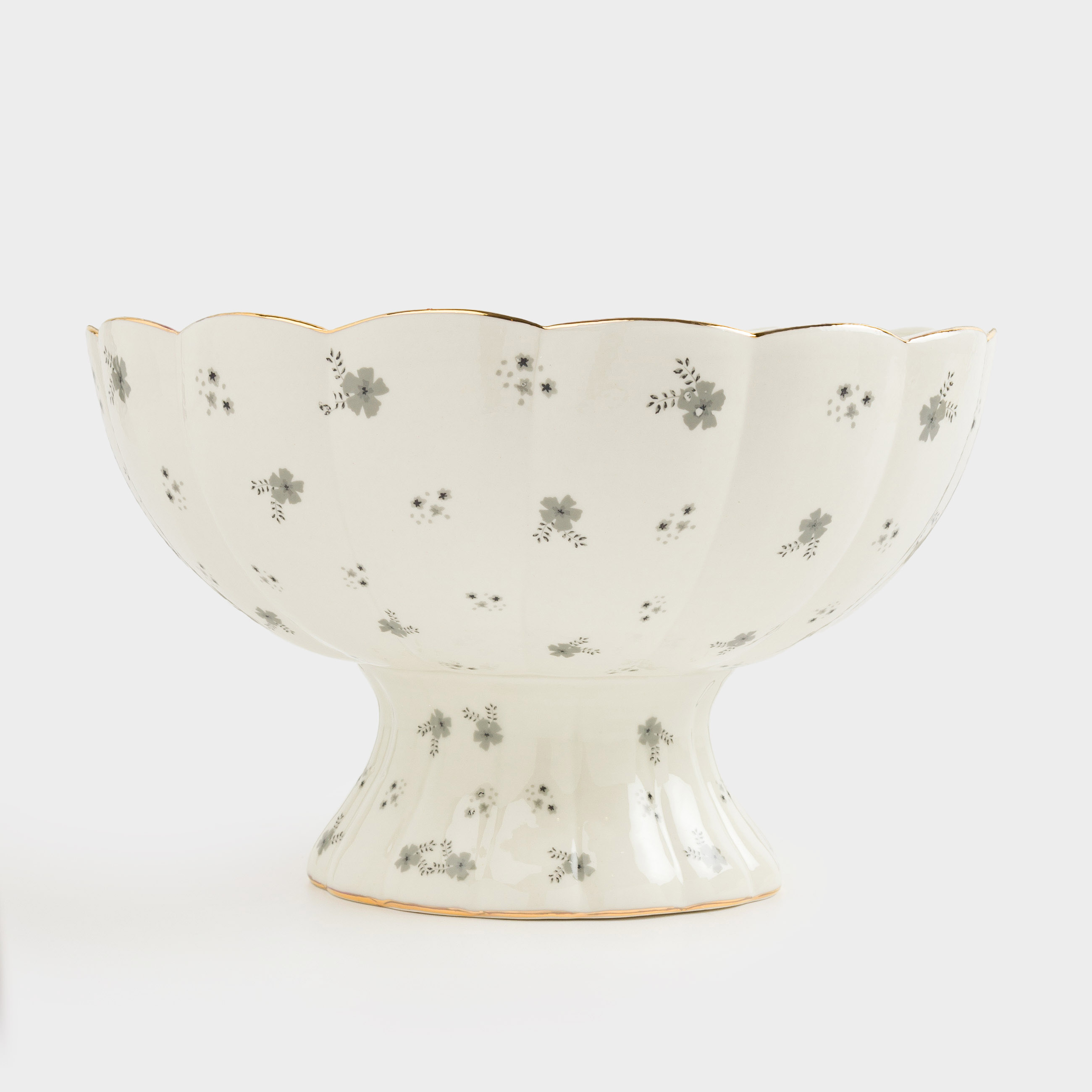 Fruit bowl, 24x15 cm, on a leg, porcelain P, milky, with golden edging, Grey flowers, Florals, image-1