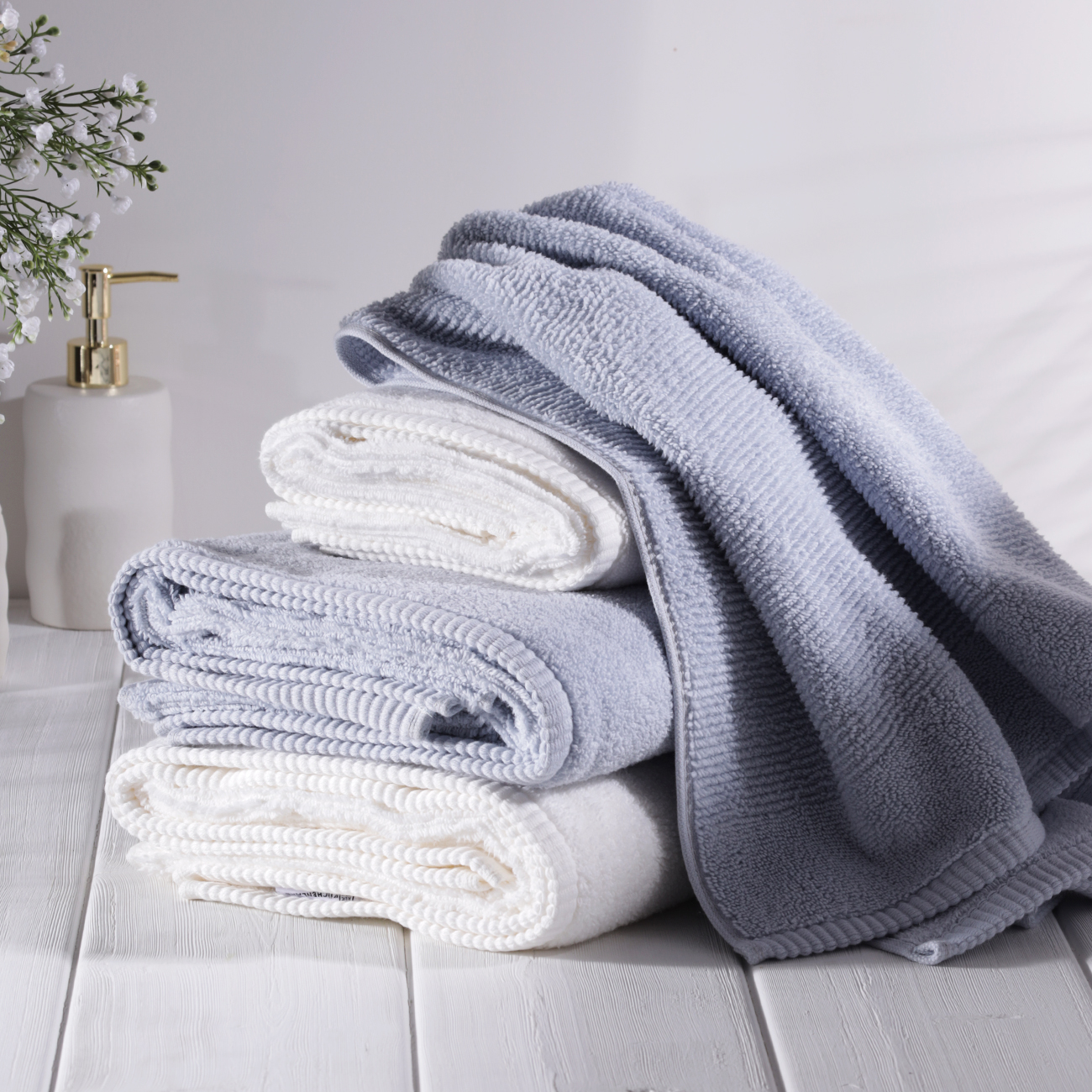 Towel set, 50x90 / 70x140 cm, 4 pcs, cotton, white / blue, Terry cotton, image-0