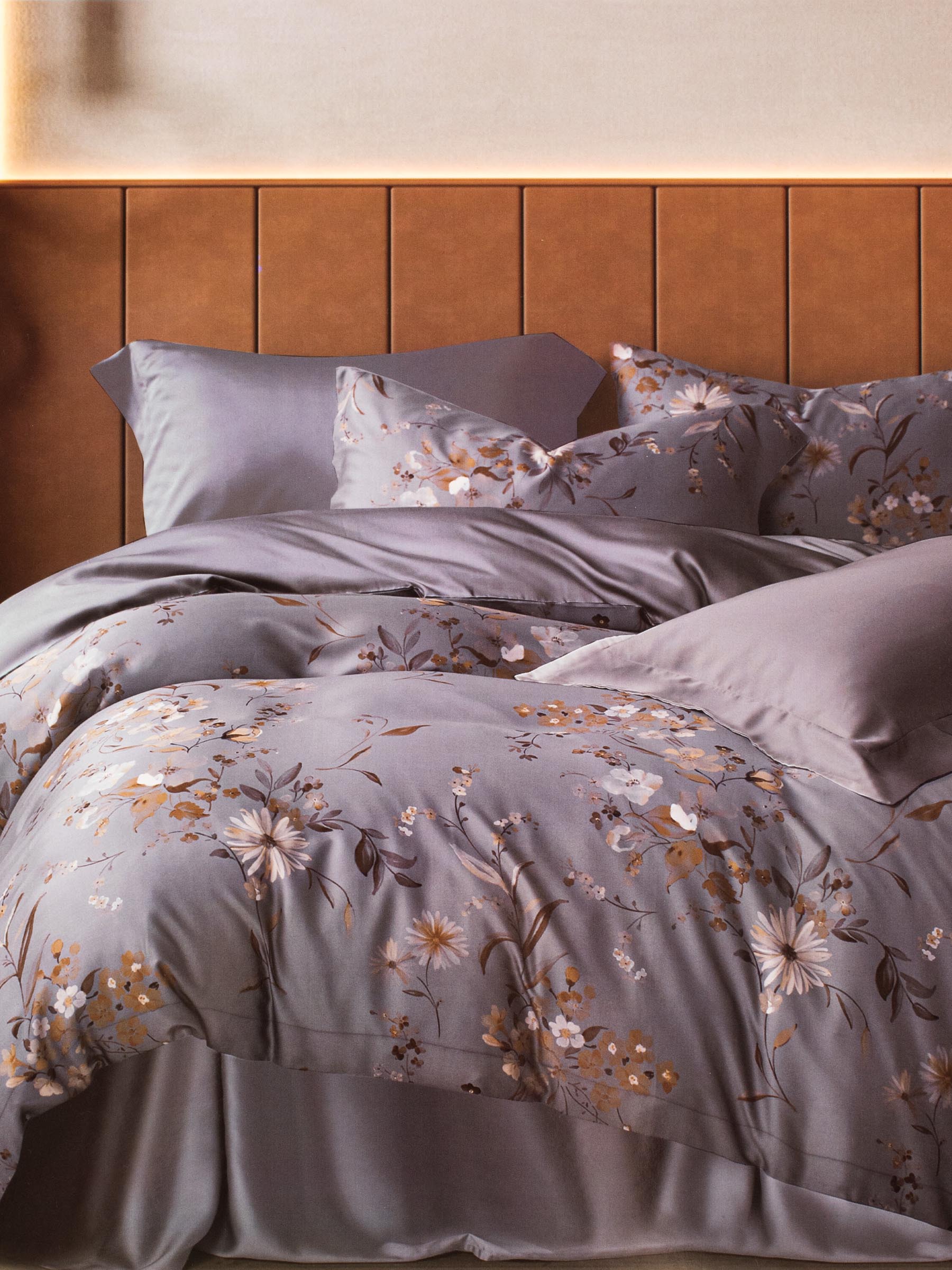 Bed linen set, euro, Tencel 300 TC, grey, Flowers and leaves, Tencel, image-0