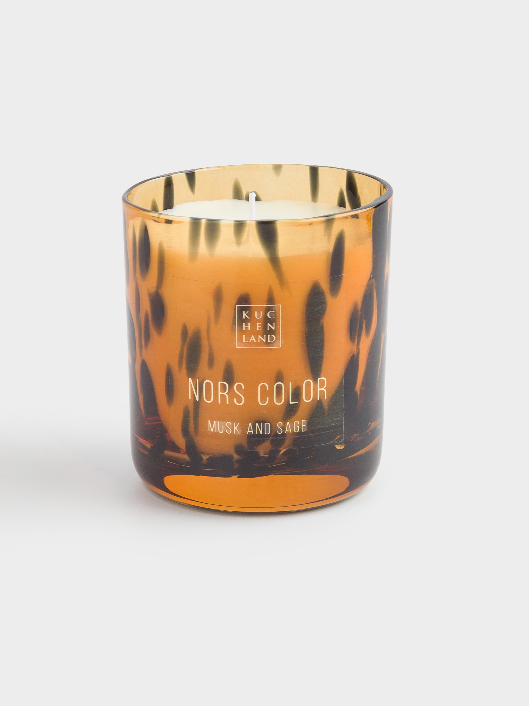 Scented candle, 10 cm, in a candlestick, glass, Musk and Sage, Animal pattern, Nors color, image-0