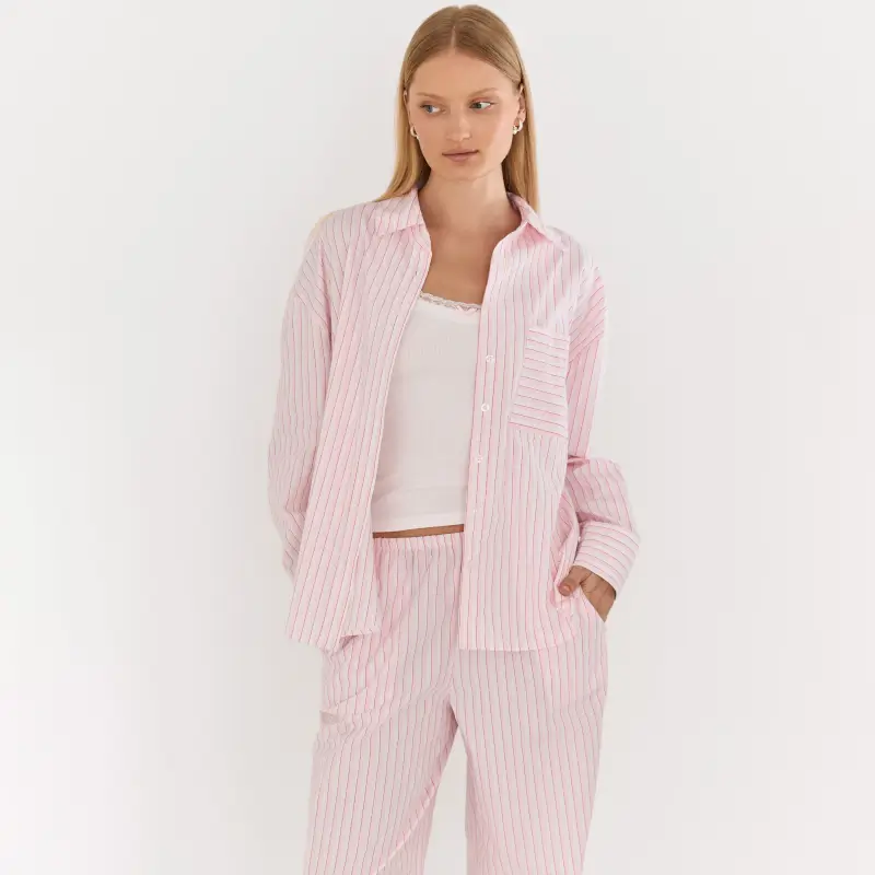 Women's shirt, homewear, size L, with long sleeves, cotton, pink and white, Stripe, Sheria ,image-0