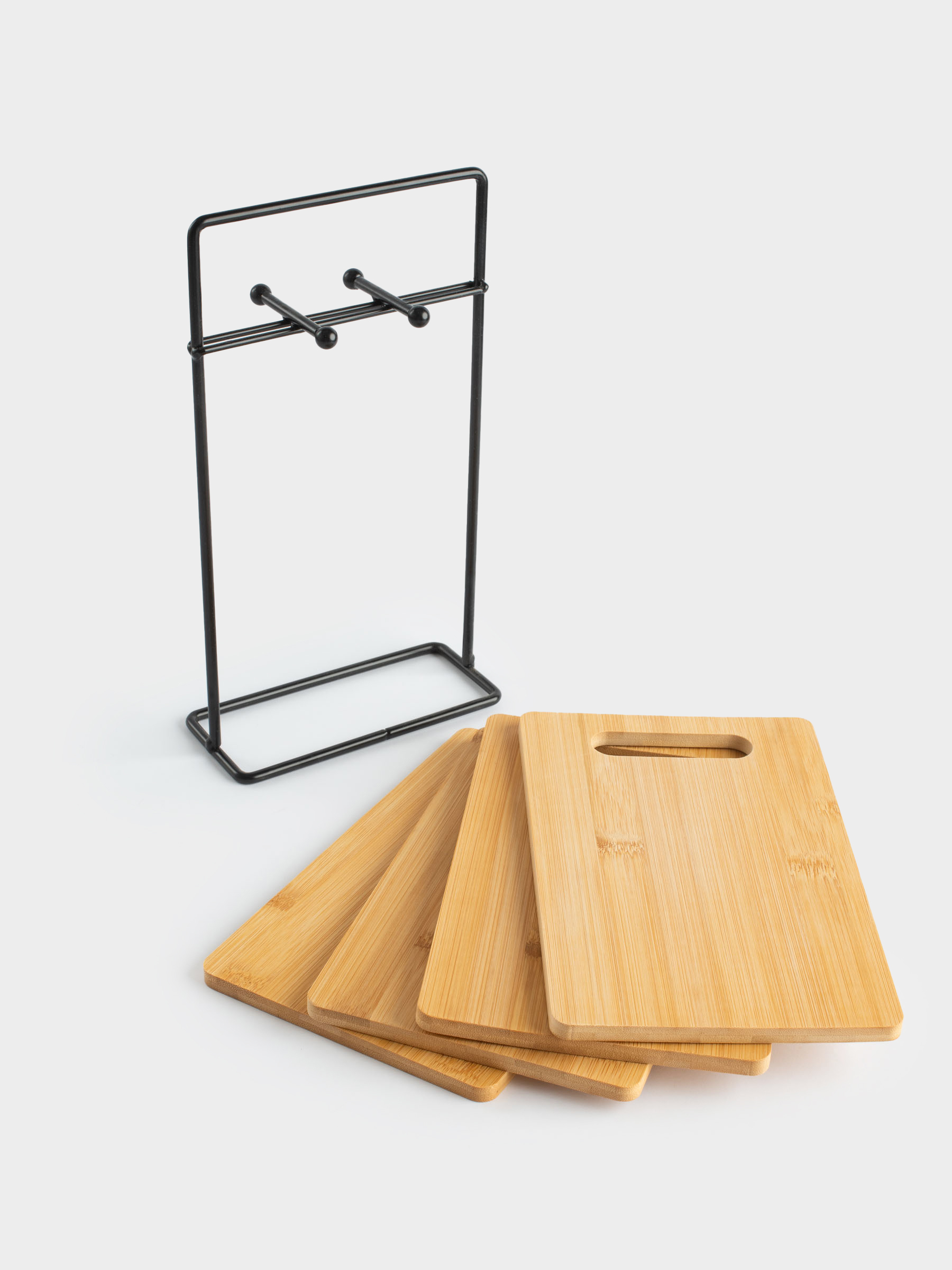 Cutting board, 22x14 cm, 4 pcs, on a stand, bamboo / steel, rectangular, Bamboo, image-2