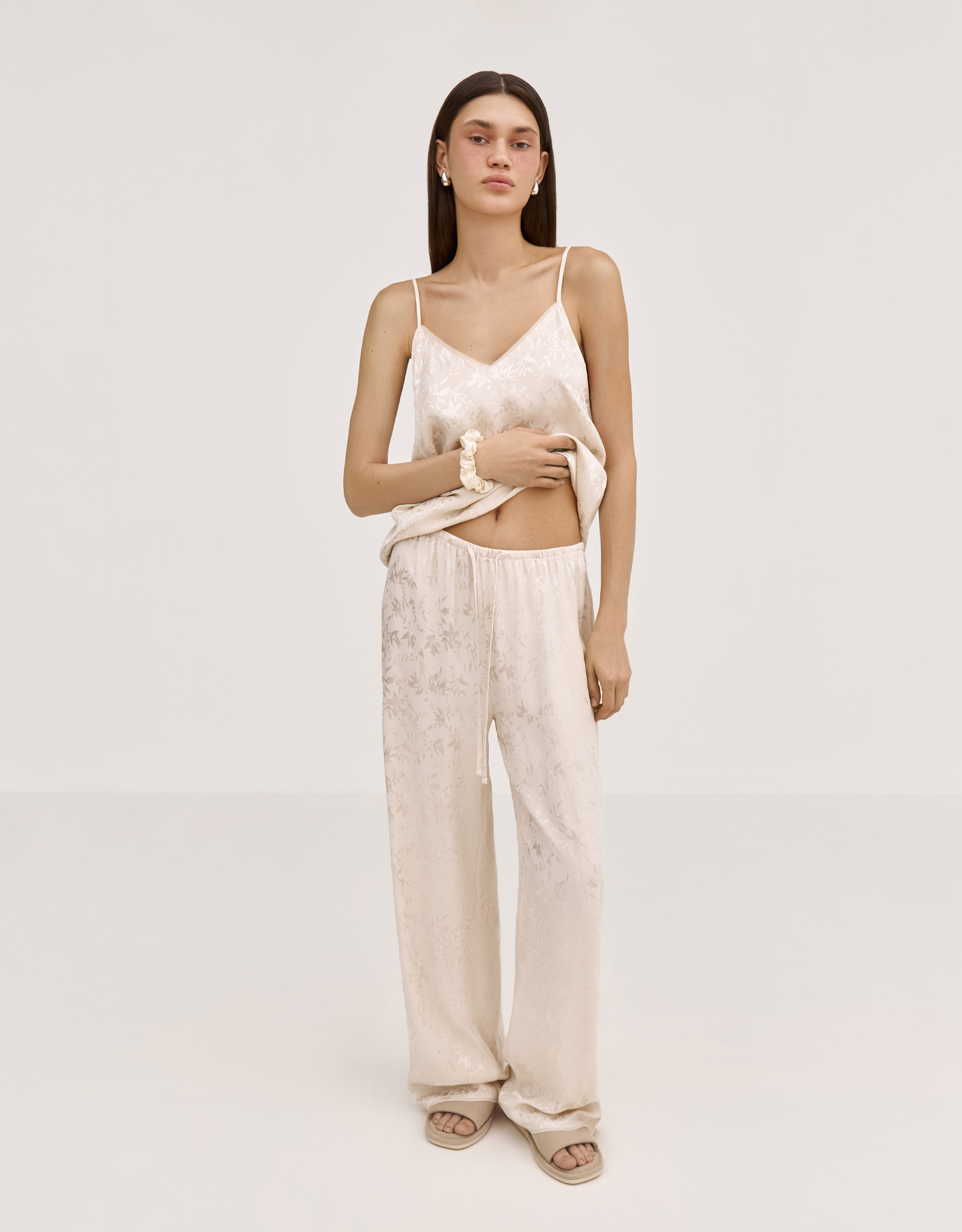 Women's trousers, homewear, size L, viscose, milky, Flowers, Arisha, image-5