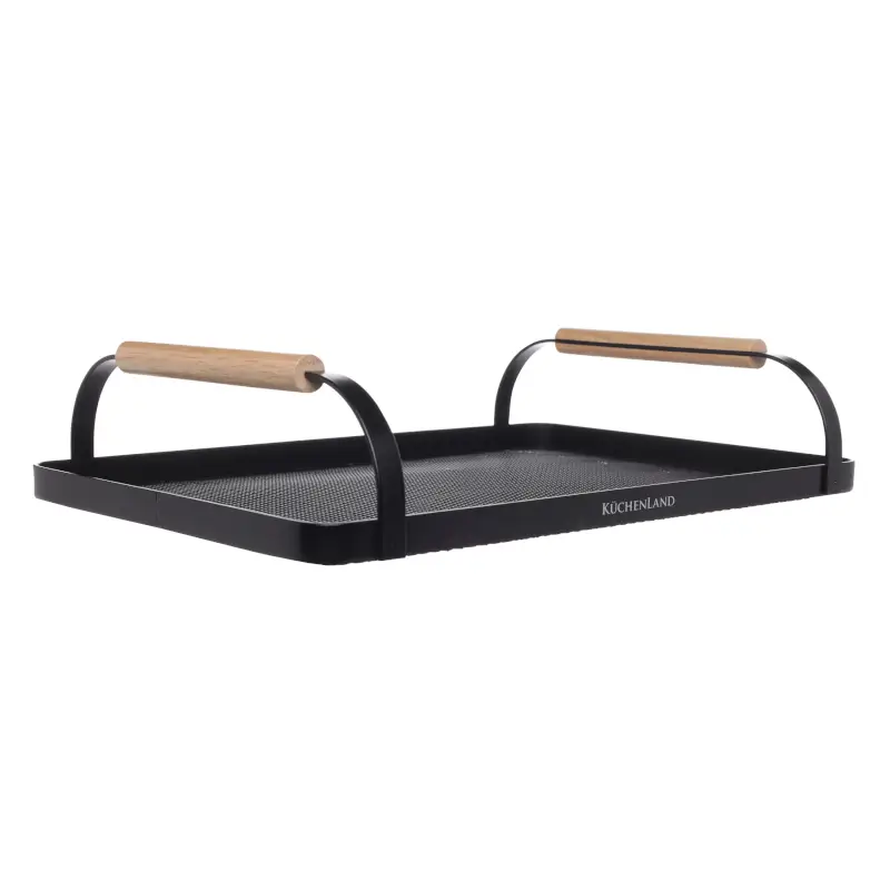 Tray, 33x23 cm, with handles, metal / wood, rectangular, black, Black style ,image-0