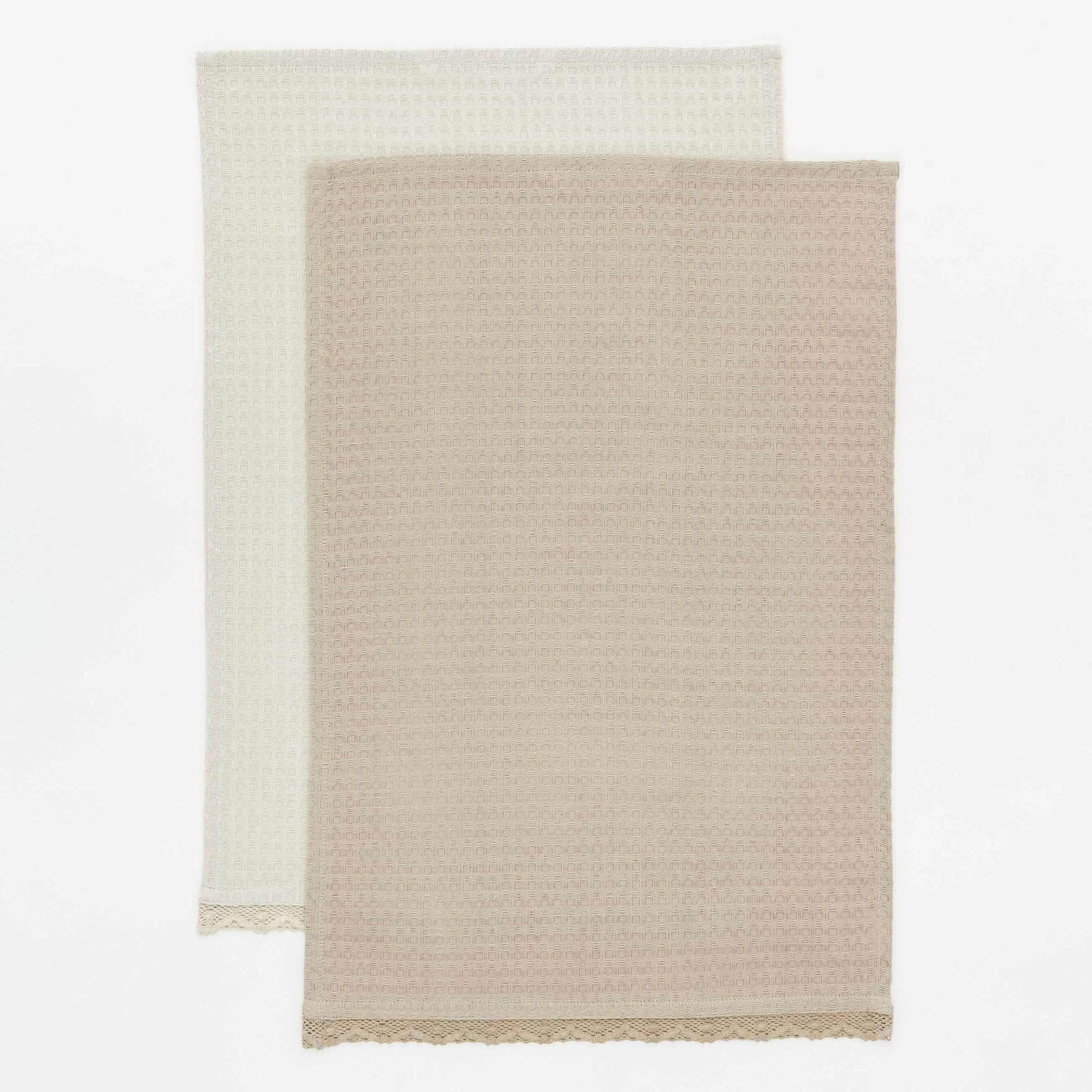Kitchen towel, 40x60 cm, 2 pcs, with lace, cotton, beige, Waffle, image-0