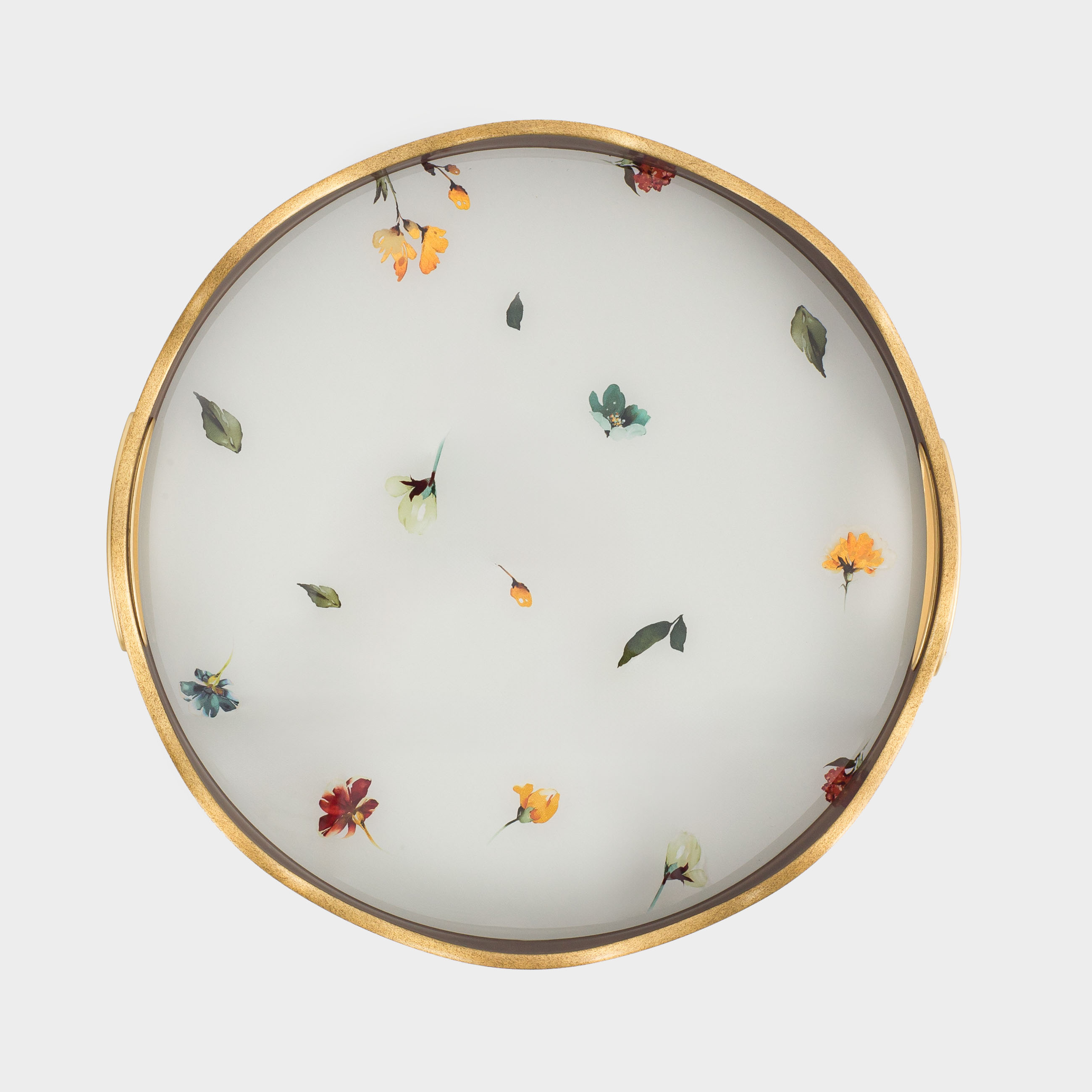 Tray, 34 cm, plastic / glass, round, golden, Flowers, Generic flowers