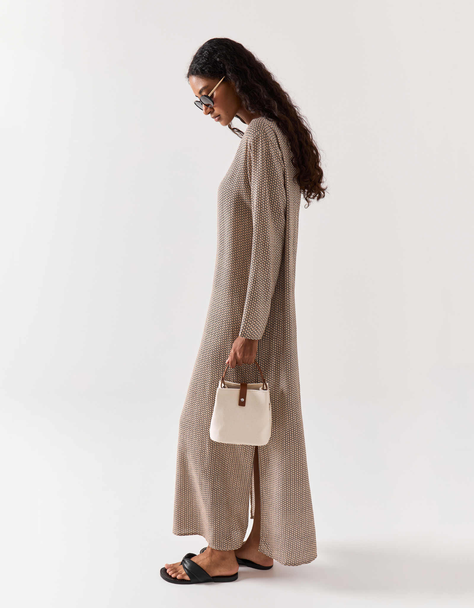 Women's dress, maxi, size L, with long sleeves, viscose, beige, Geometric Pattern, Emri, image-4
