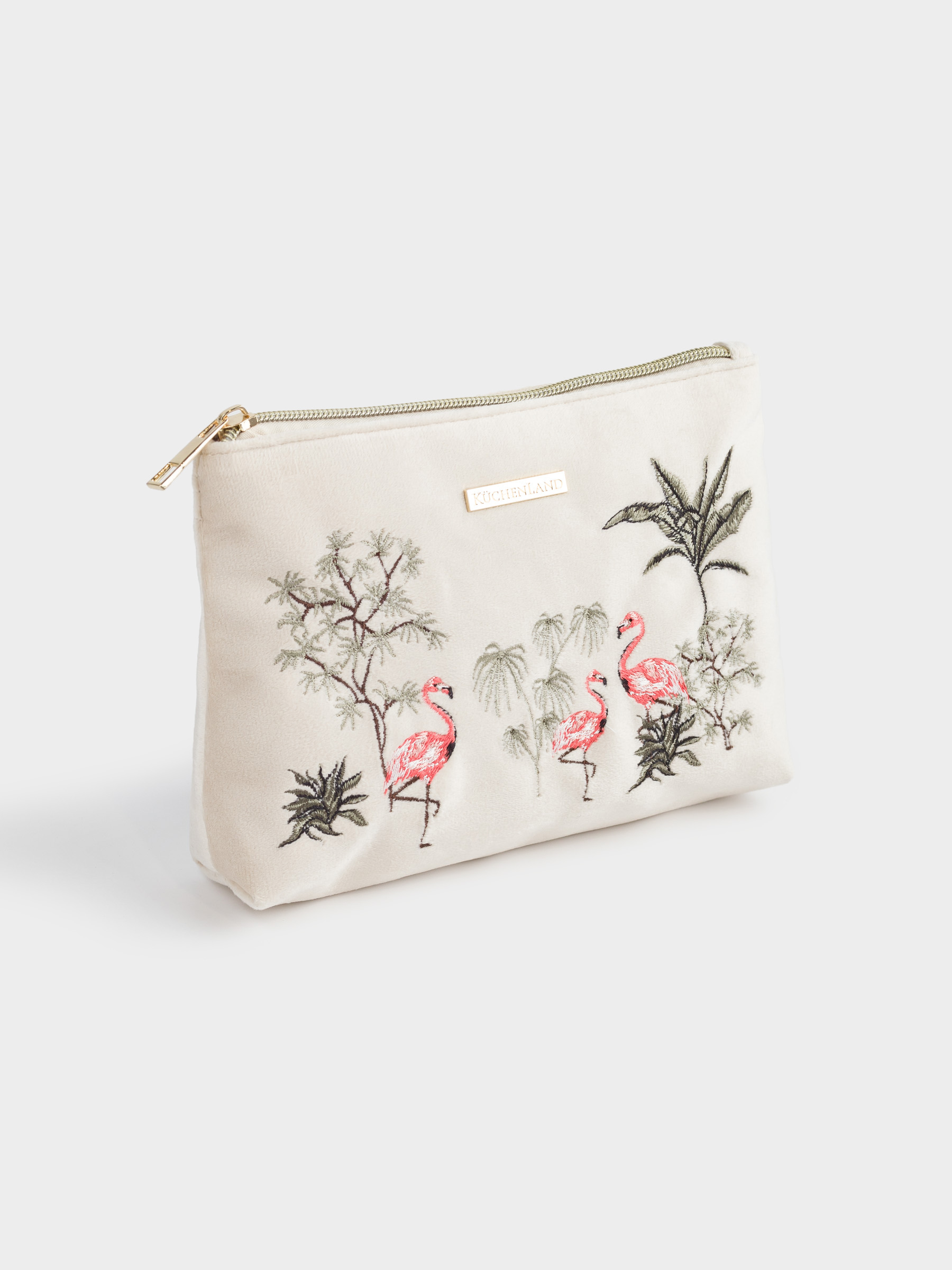 Cosmetic bag, 24x15 cm, polyester, sand, Flamingo in the jungle, Oasis print, image-1