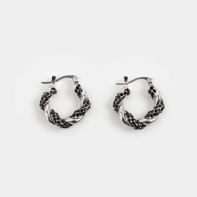 Stud earrings, 2 cm, metal / rhinestones, silver-black, Jewelry