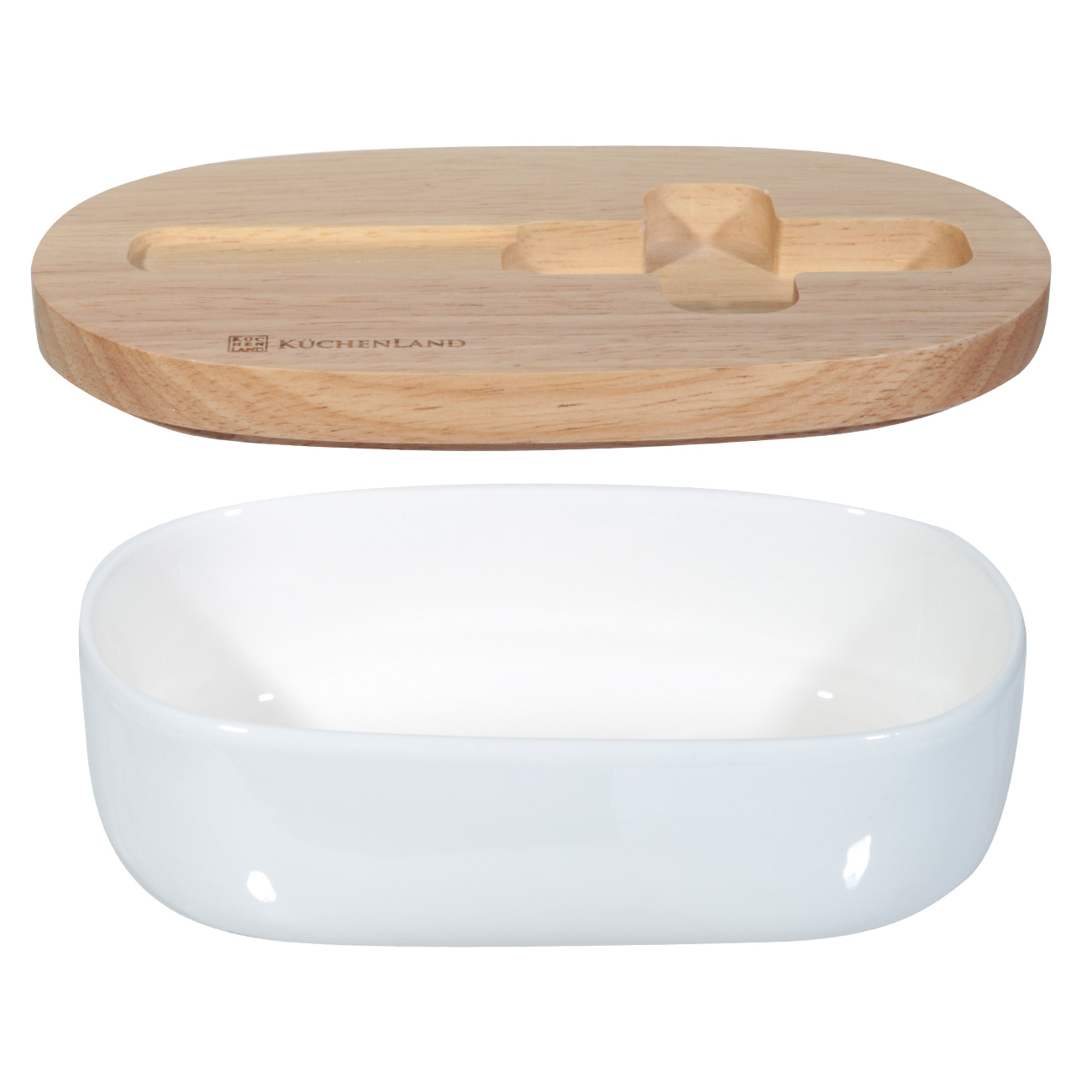 Butter dish, 15 cm, with knife, porcelain N / wood, oval, Light kitchen, image-2